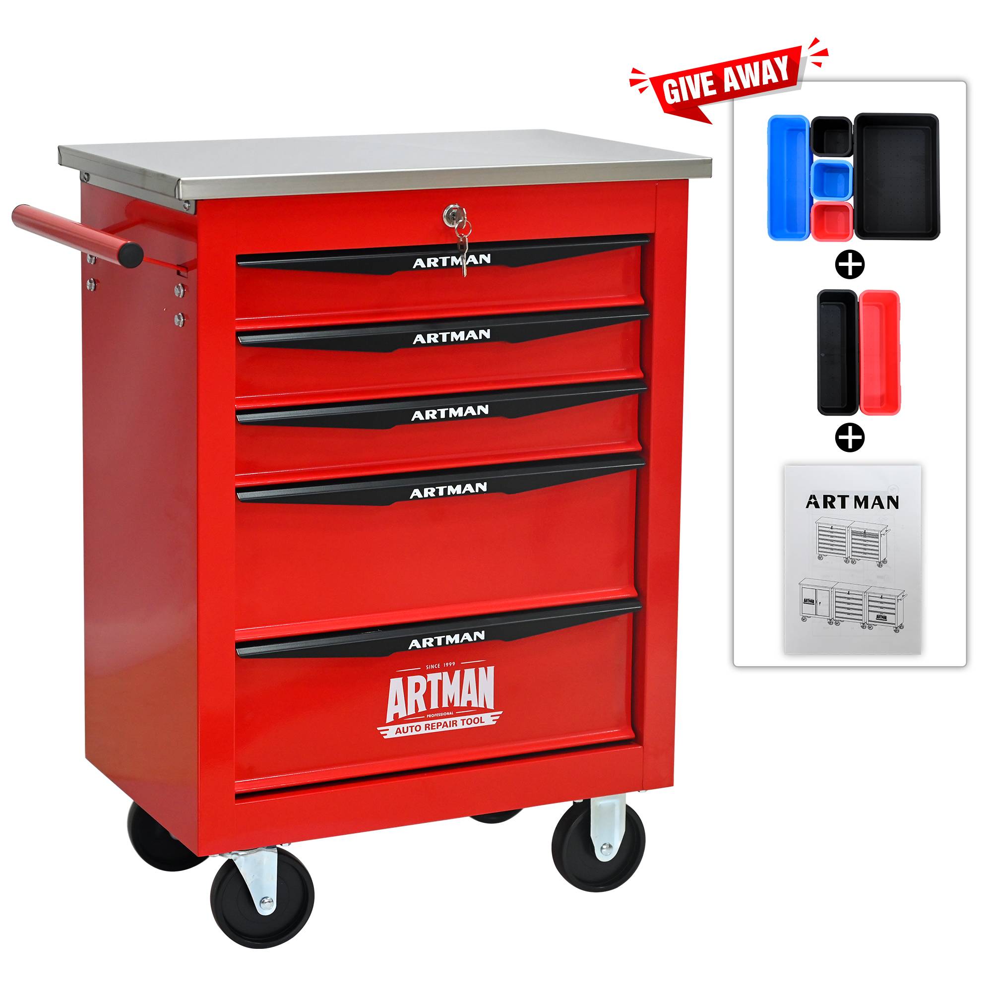 Servante Atelier 5 Tiroirs Acier Roulante Garage Verrouillable Rouge/Noir - ComfortXL Outdoor Living - Image 7