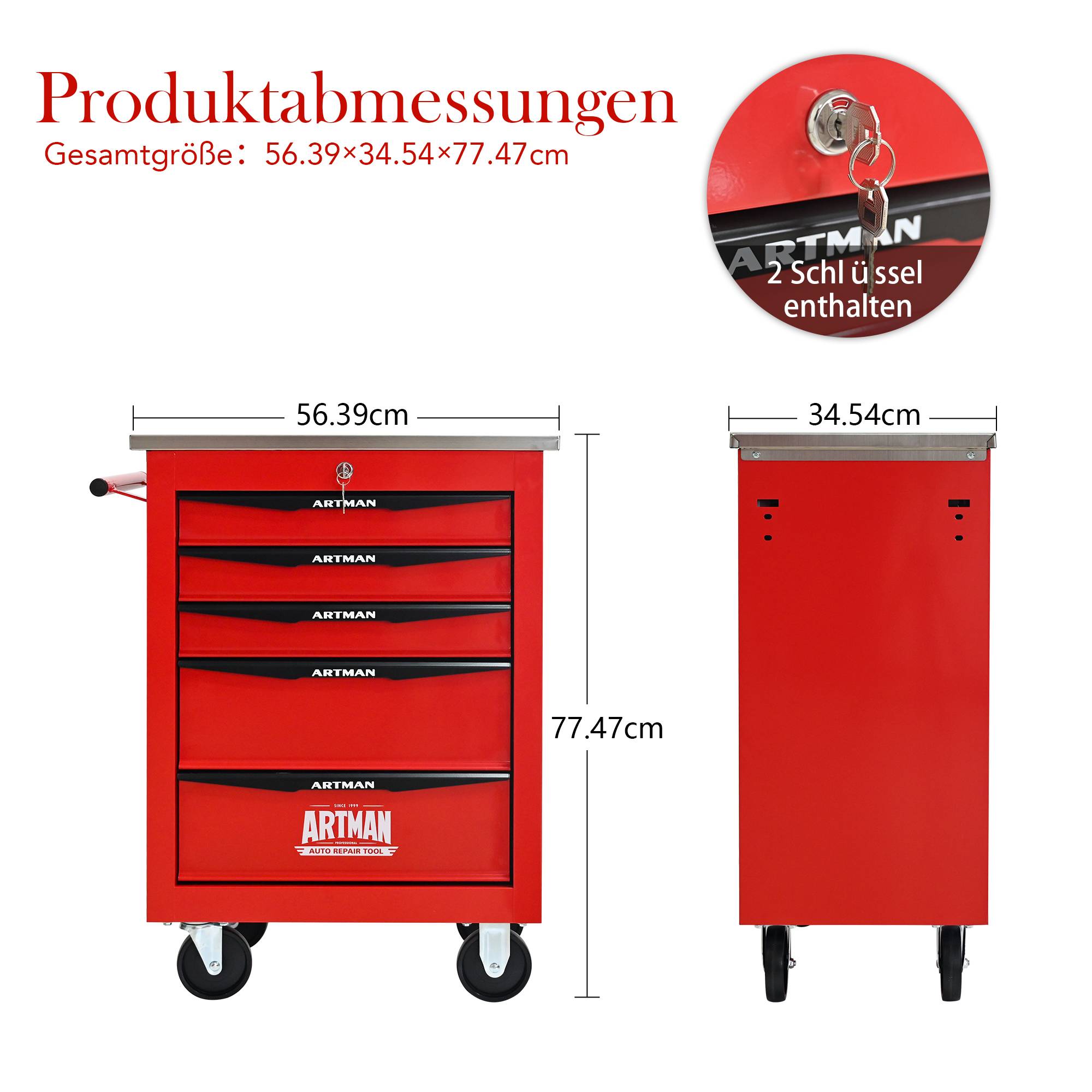 Servante Atelier 5 Tiroirs Acier Roulante Garage Verrouillable Rouge/Noir - ComfortXL Outdoor Living - Image 9
