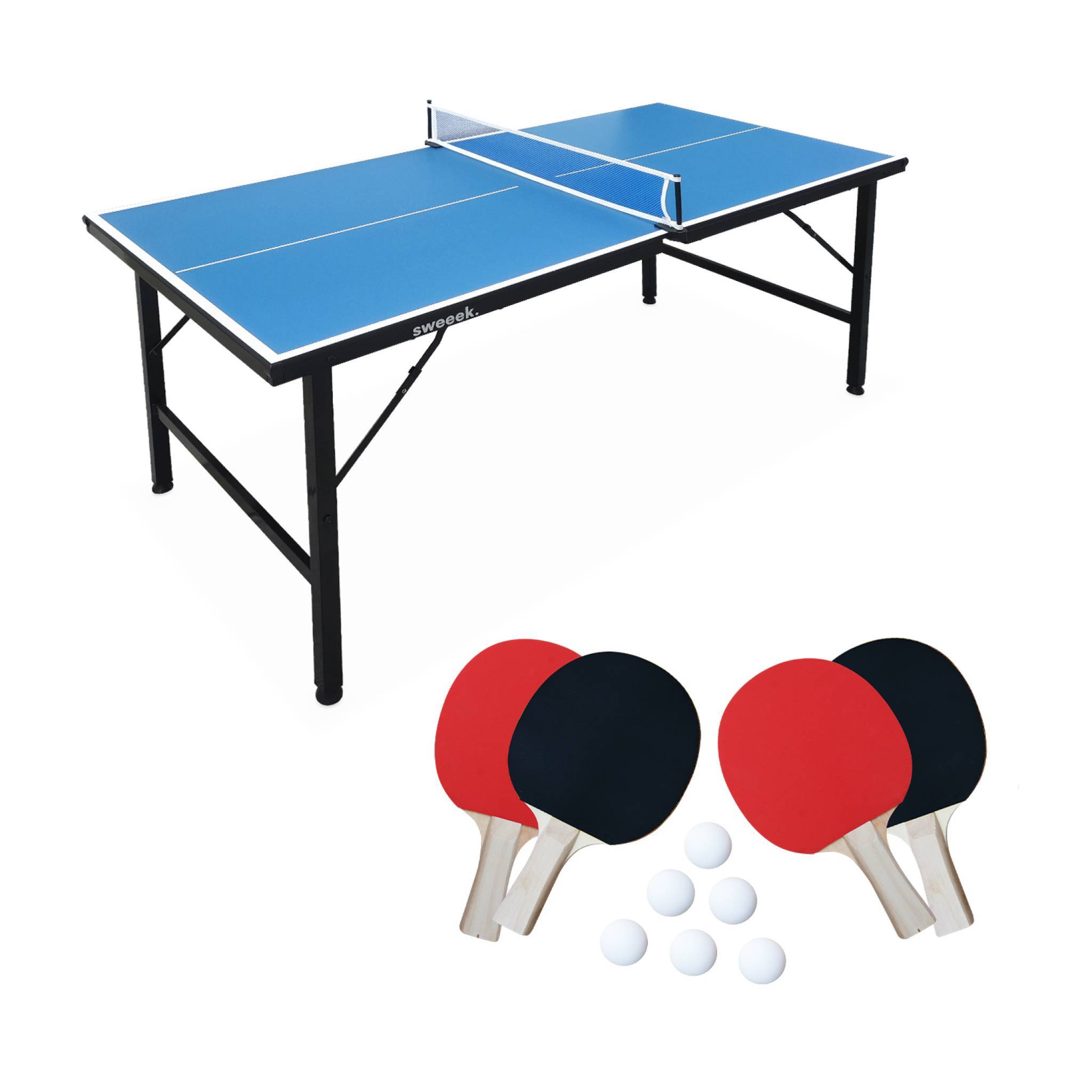 sweeek - Mini table de ping pong 150x75cm - table pliable INDOOR bleue. avec 4 raquettes et 6 balles | sweeek - Image 1