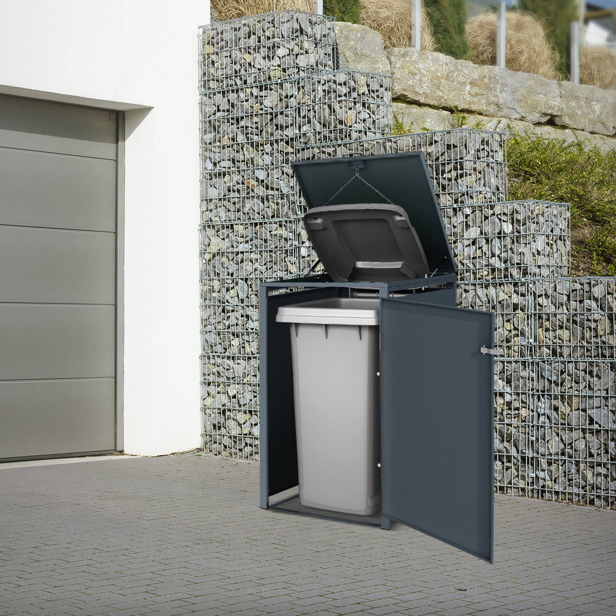 Abri pour 1 poubelle 68x80x116,3 cm capacité de 60L à 240L anthracite/aspect chêne acier avec couvercle rabattable/1 porte résistant aux intempéries - Image 9