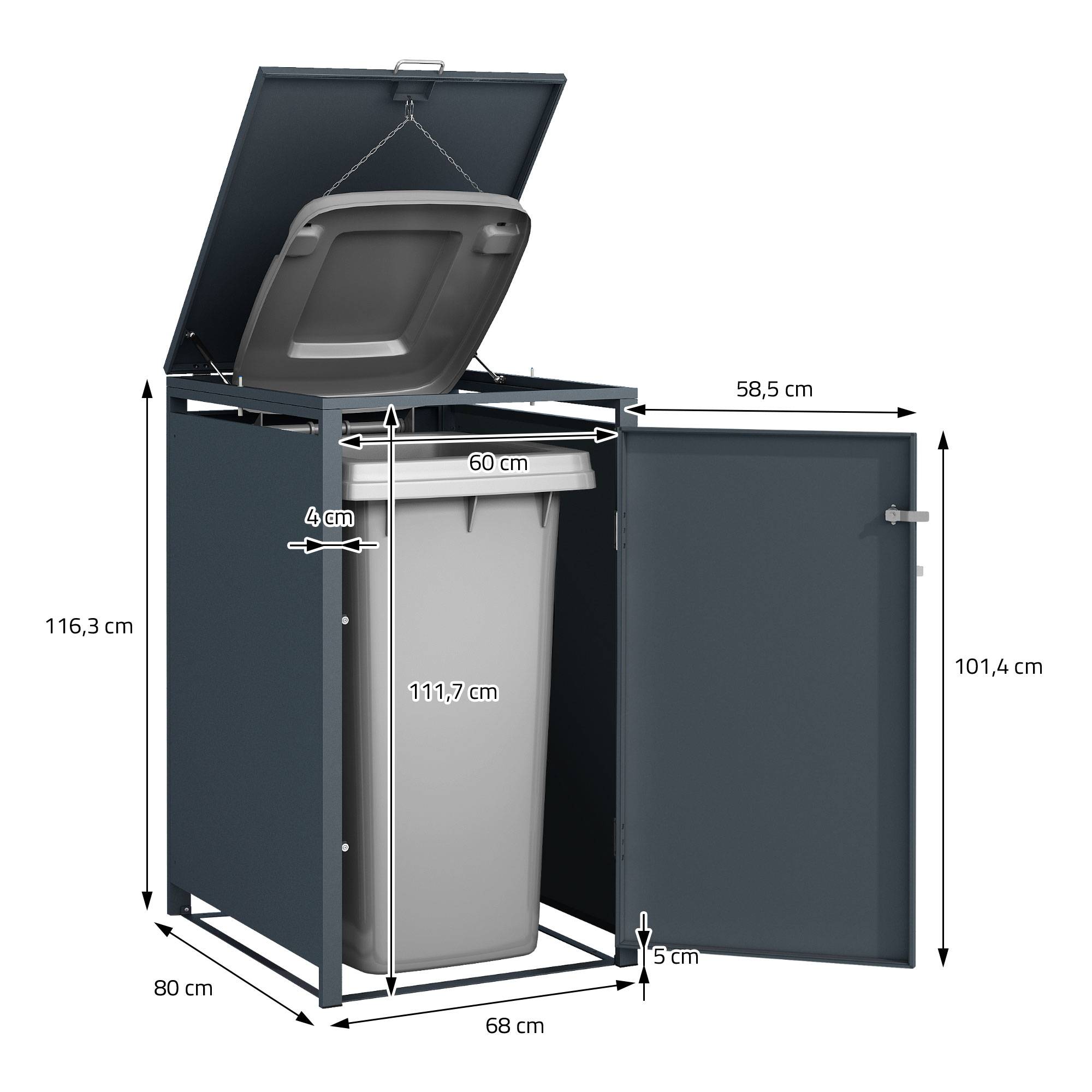 Abri pour 1 poubelle 68x80x116,3 cm capacité de 60L à 240L anthracite/aspect chêne acier avec couvercle rabattable/1 porte résistant aux intempéries - Image 7