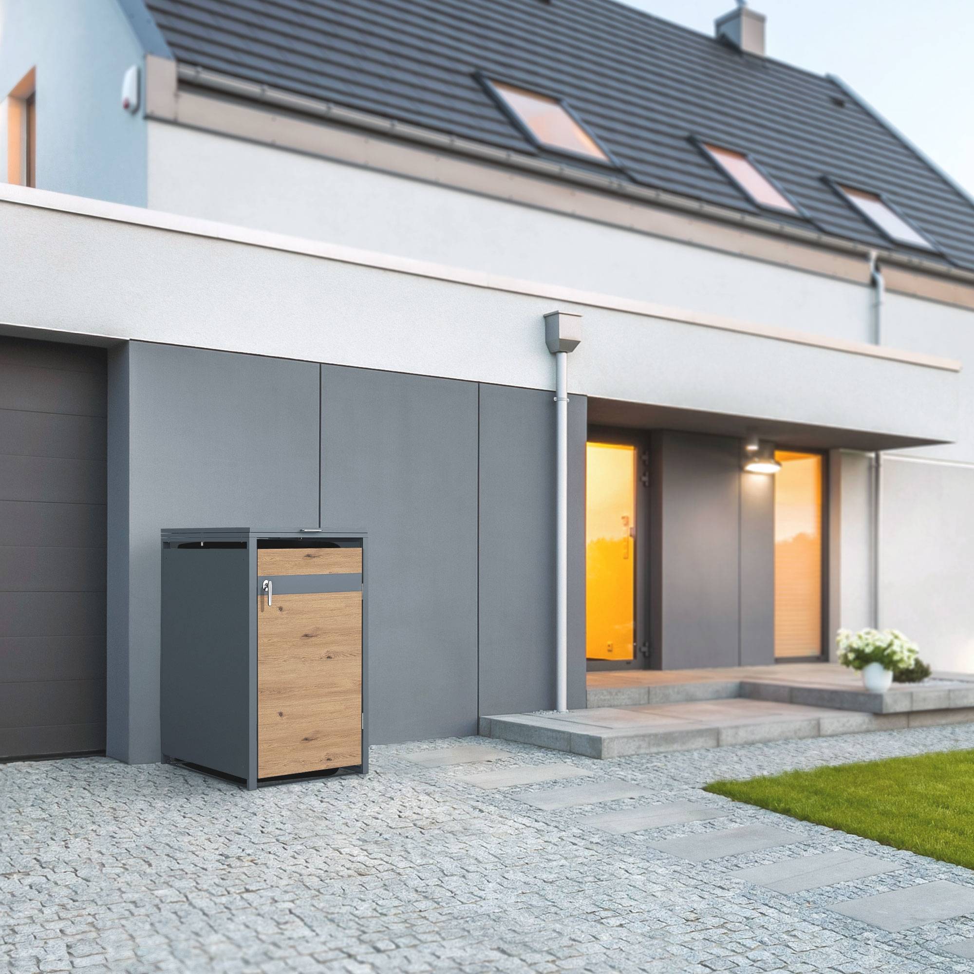 Abri pour 1 poubelle 68x80x116,3 cm capacité de 60L à 240L anthracite/aspect chêne acier avec couvercle rabattable/1 porte résistant aux intempéries - Image 10