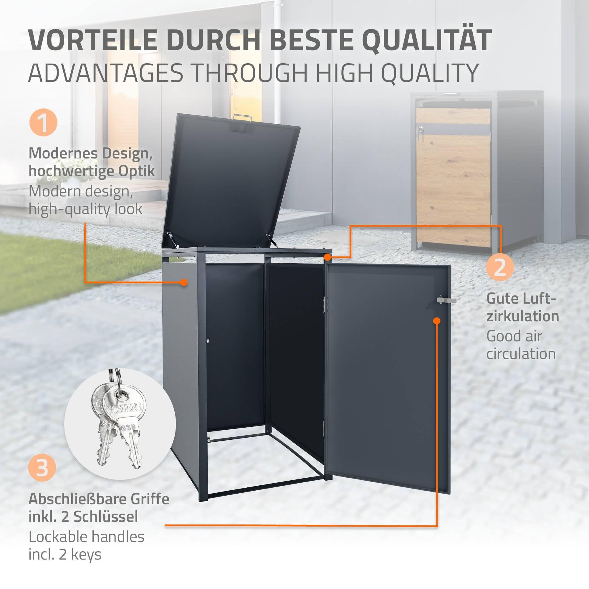 Abri pour 1 poubelle 68x80x116,3 cm capacité de 60L à 240L anthracite/aspect chêne acier avec couvercle rabattable/1 porte résistant aux intempéries - Image 3