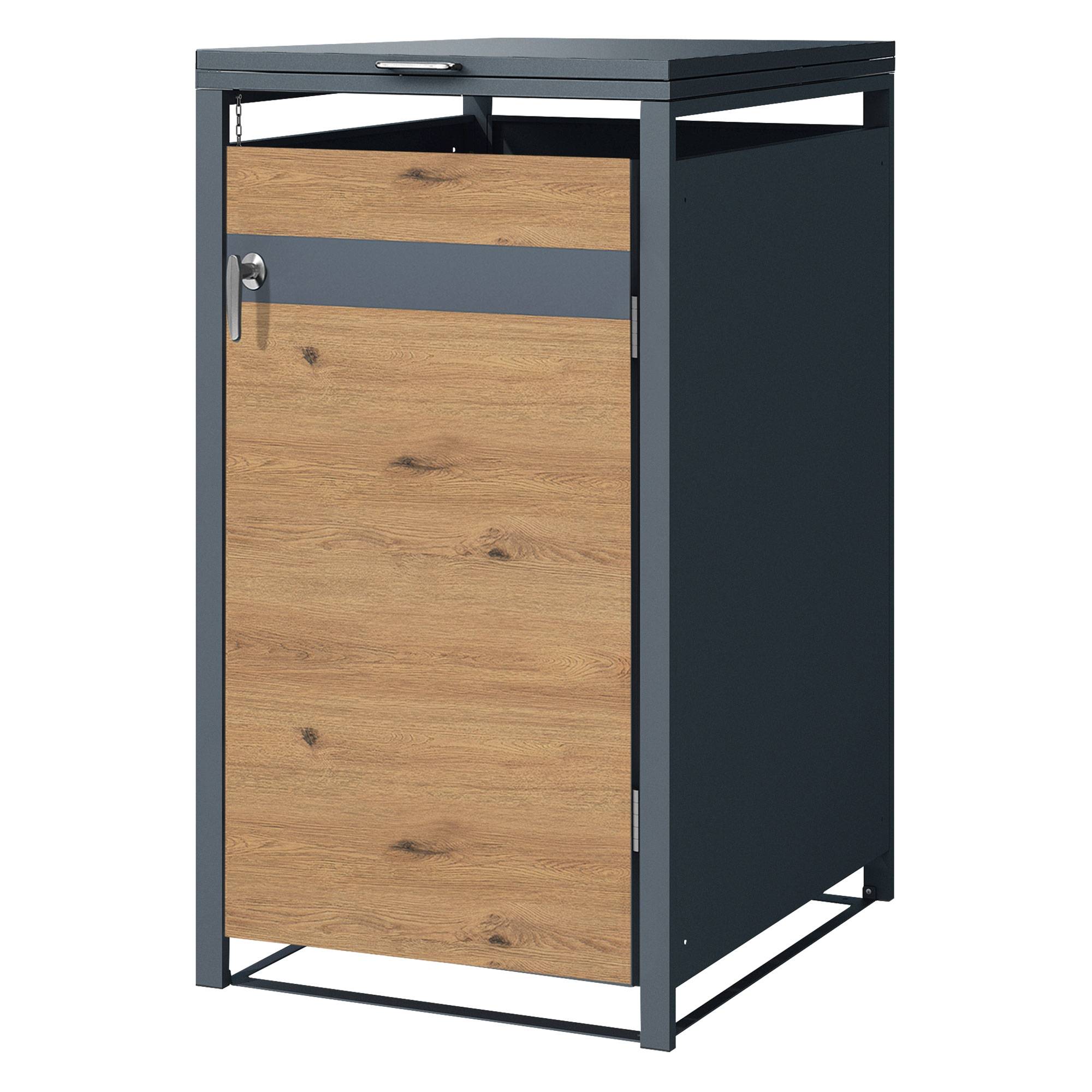 Abri pour 1 poubelle 68x80x116,3 cm capacité de 60L à 240L anthracite/aspect chêne acier avec couvercle rabattable/1 porte résistant aux intempéries - Image 1