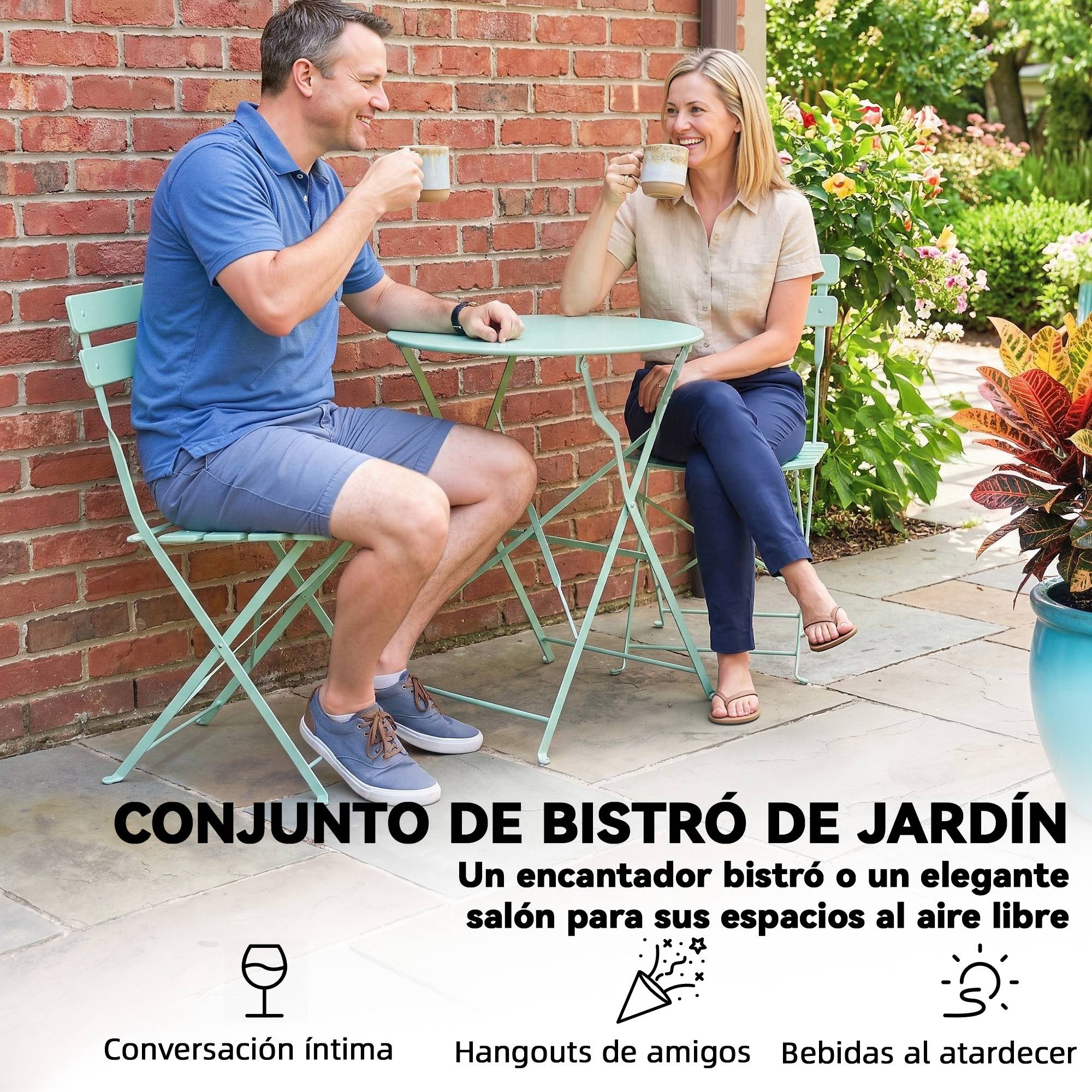 Ensemble de jardin pliable avec 2 chaises pliantes, table ronde, structure métallique électrophorétique pour balcon, vert - Image 7