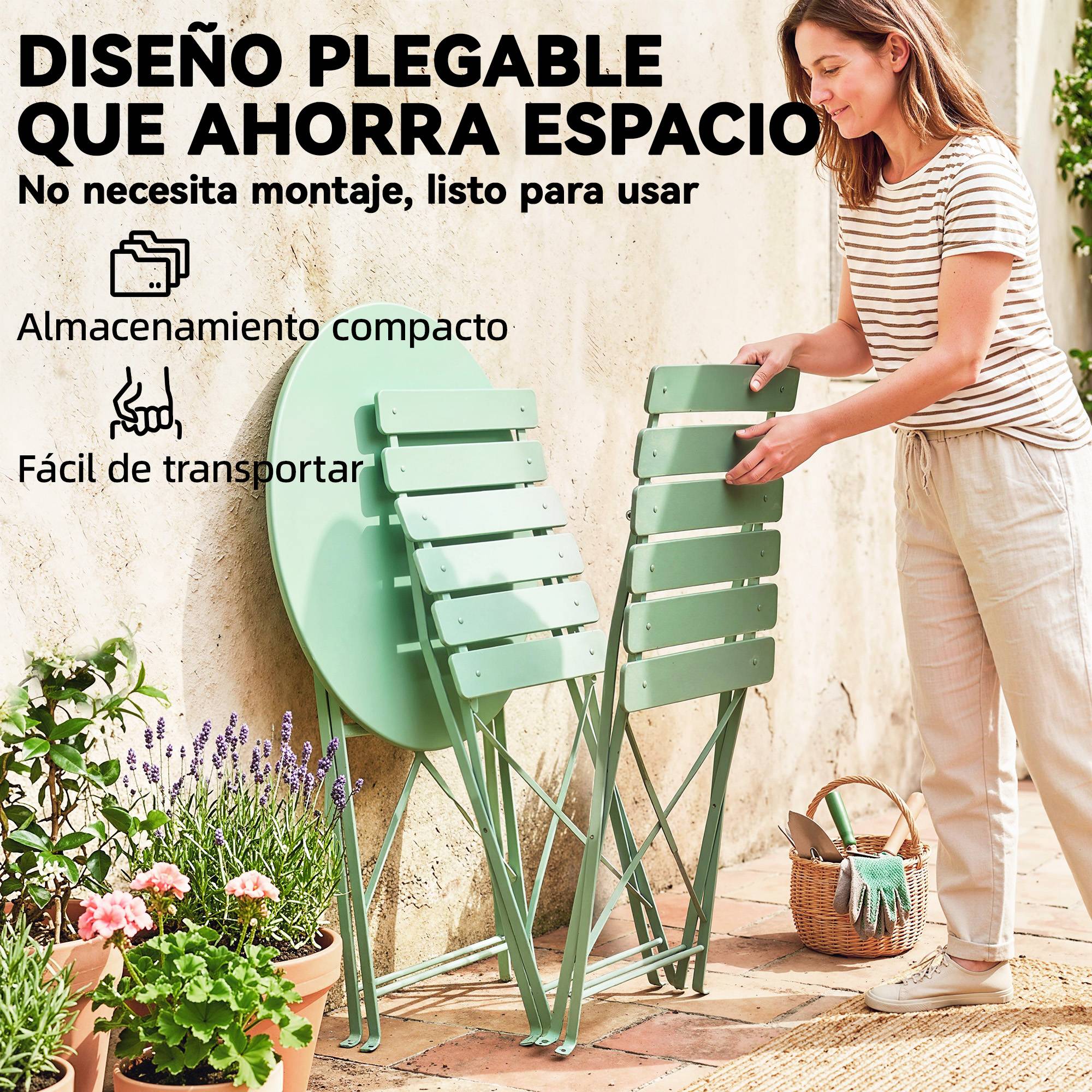 Ensemble de jardin pliable avec 2 chaises pliantes, table ronde, structure métallique électrophorétique pour balcon, vert - Image 8