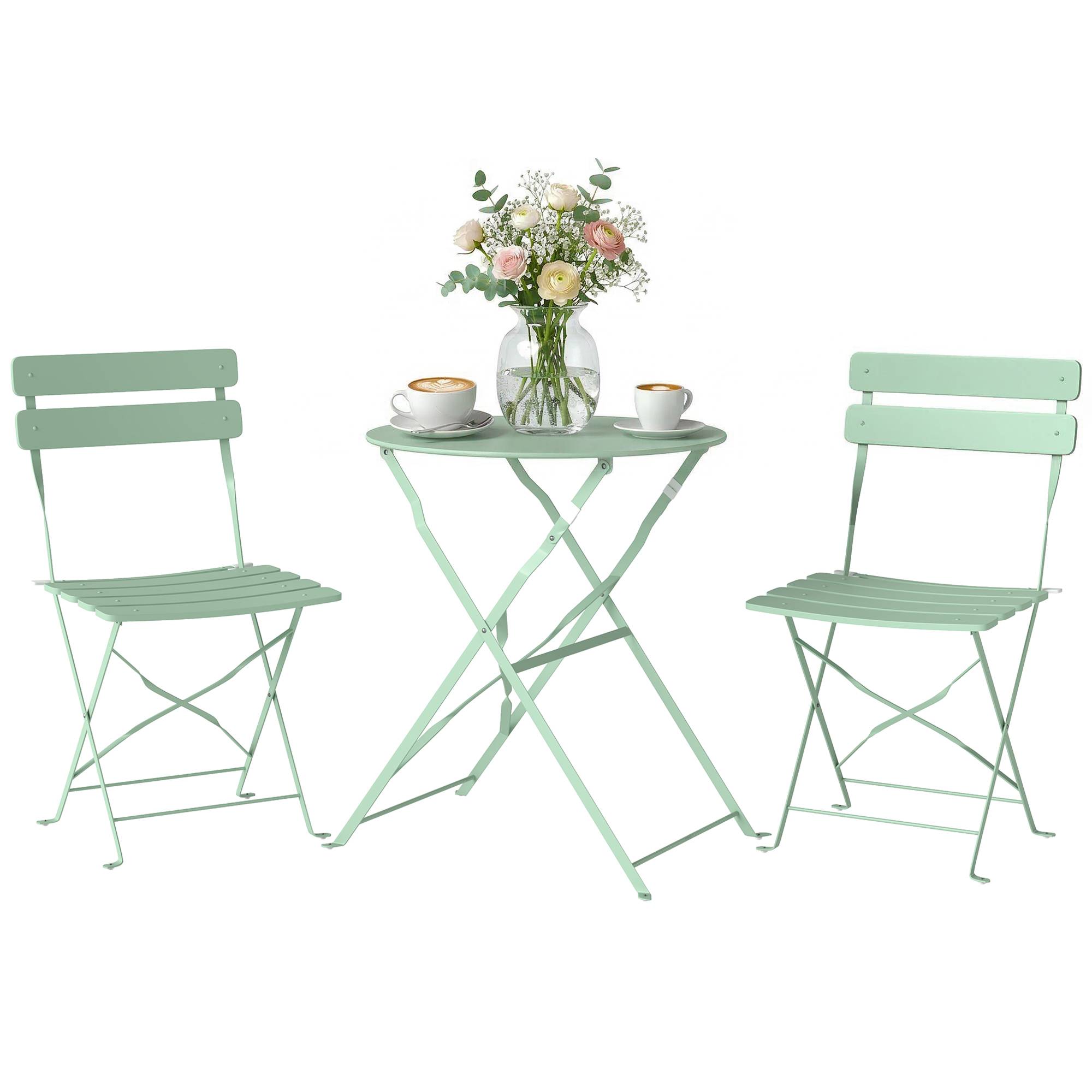 Ensemble de jardin pliable avec 2 chaises pliantes, table ronde, structure métallique électrophorétique pour balcon, vert - Image 1