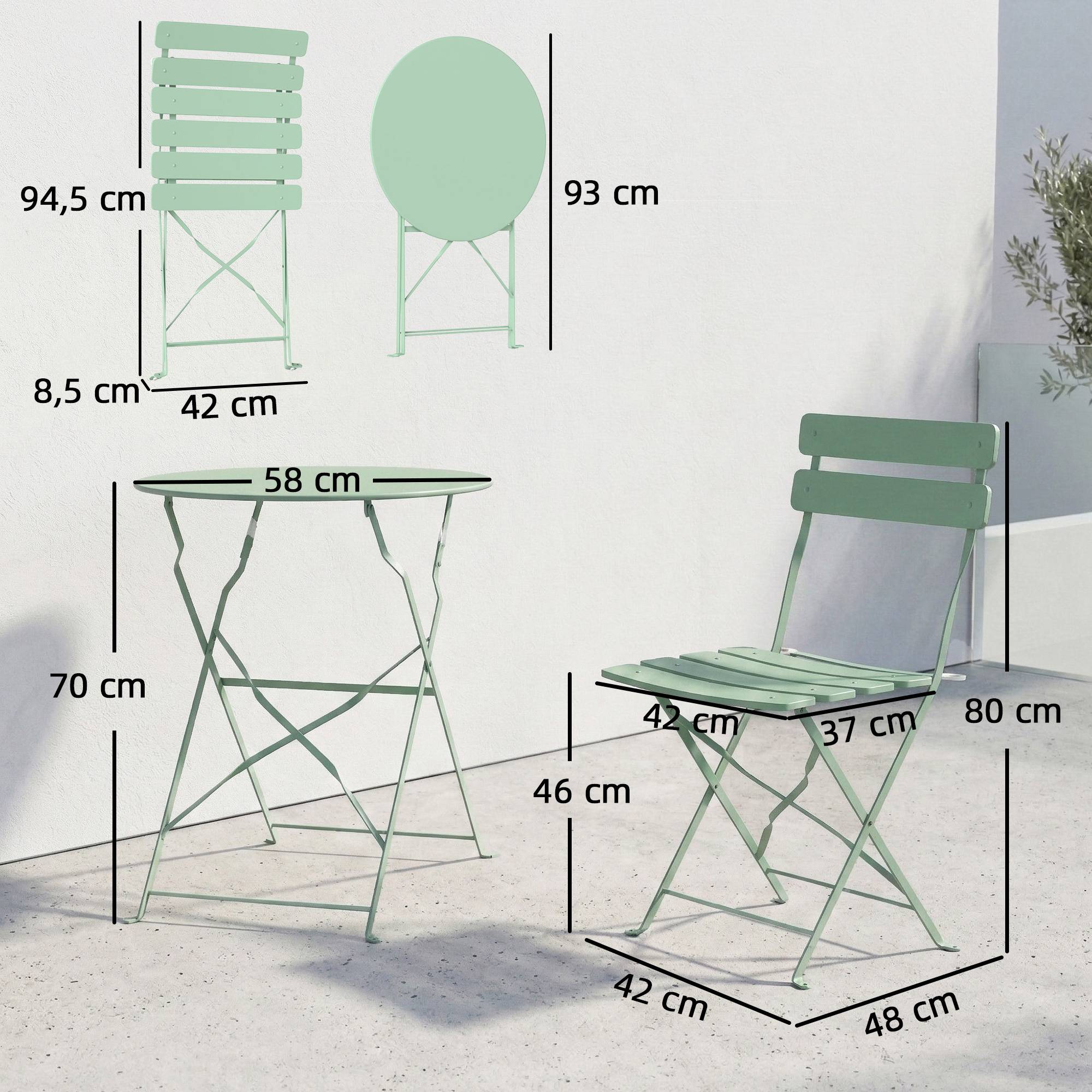 Ensemble de jardin pliable avec 2 chaises pliantes, table ronde, structure métallique électrophorétique pour balcon, vert - Image 5