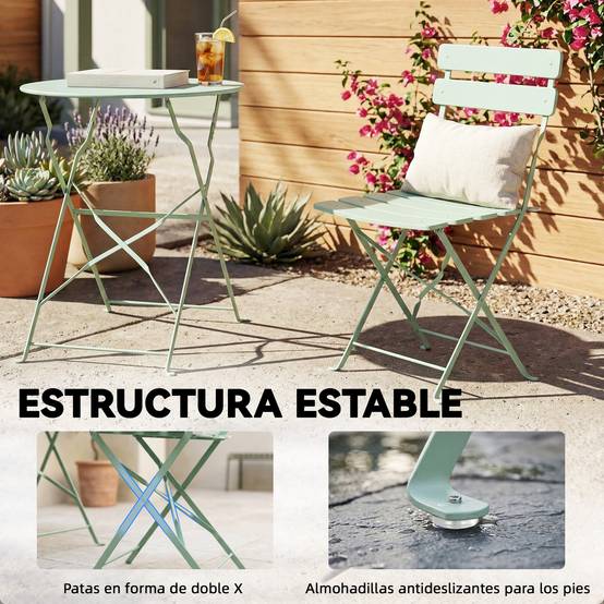 Ensemble de jardin pliable avec 2 chaises pliantes, table ronde, structure métallique électrophorétique pour balcon, vert - Image 10
