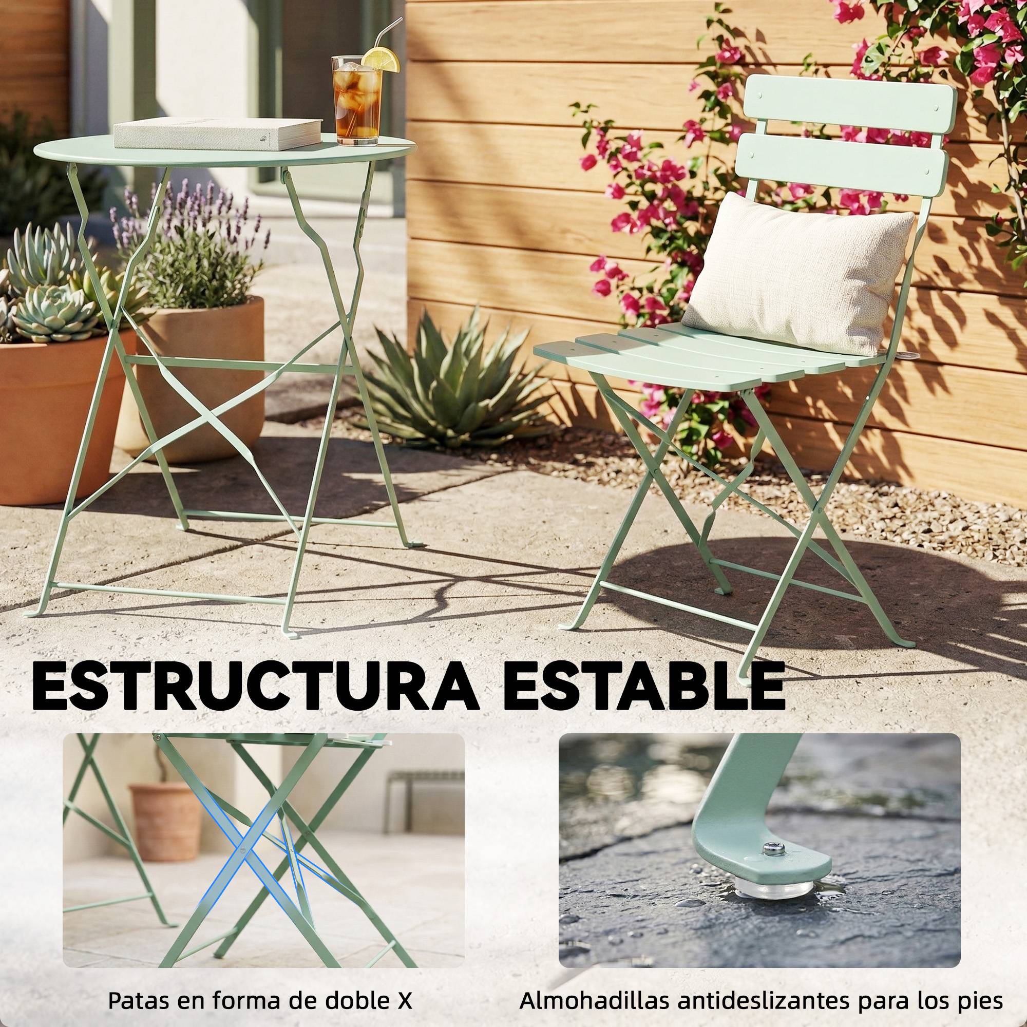 Ensemble de jardin pliable avec 2 chaises pliantes, table ronde, structure métallique électrophorétique pour balcon, vert - Image 10