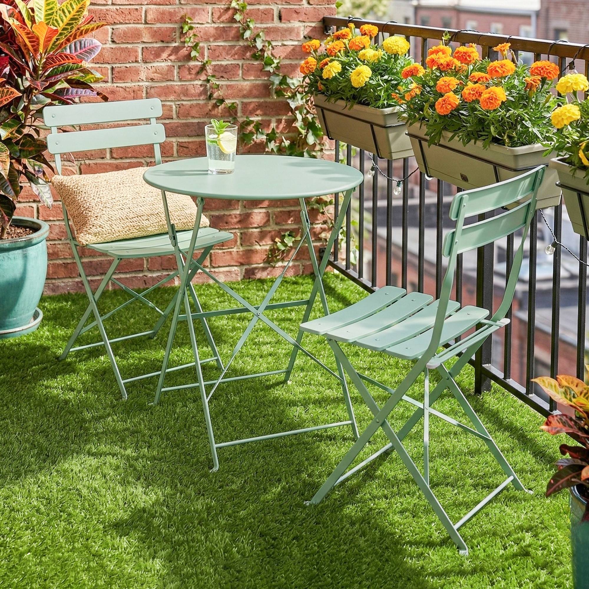 Ensemble de jardin pliable avec 2 chaises pliantes, table ronde, structure métallique électrophorétique pour balcon, vert - Image 4
