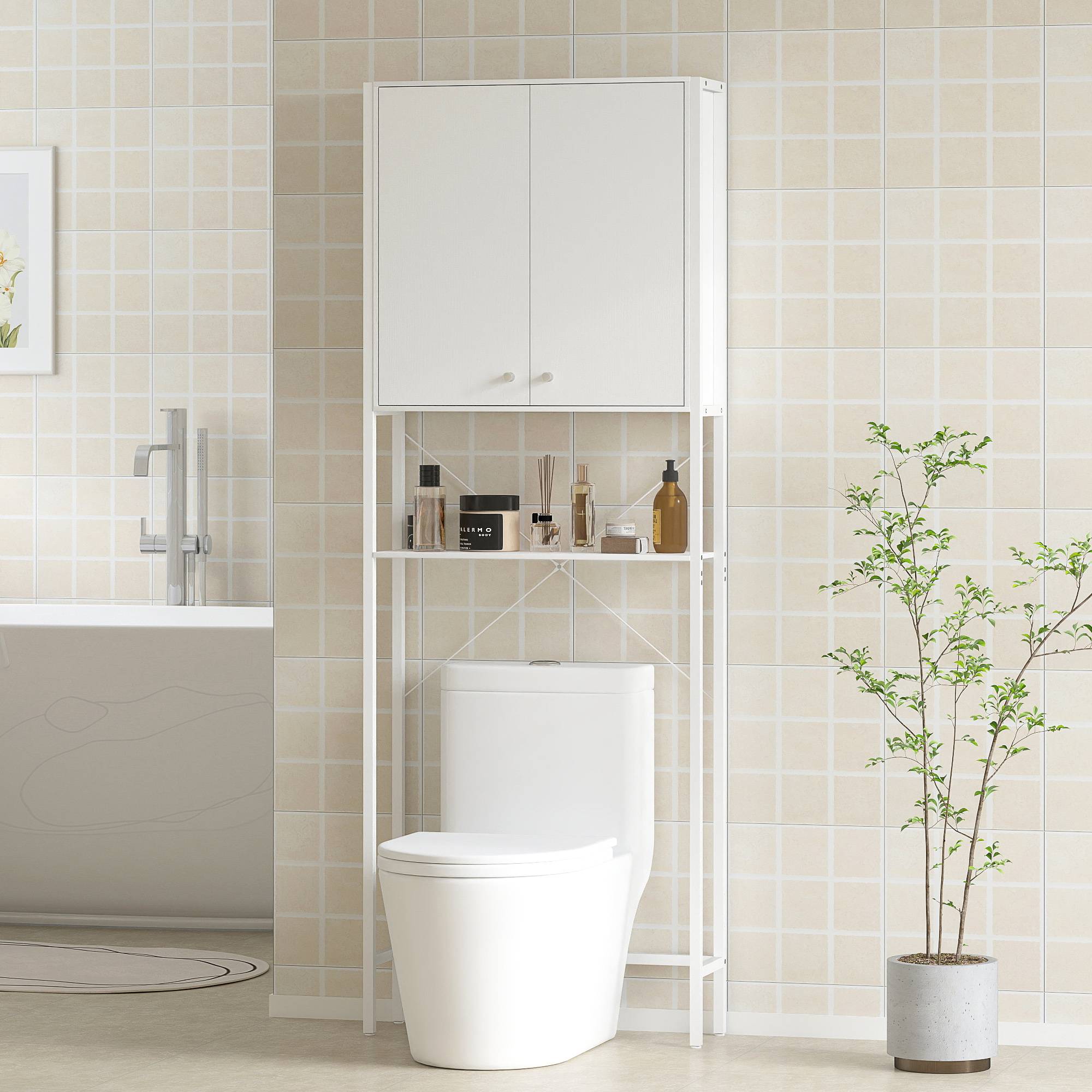 Sans Marque - Meuble salle bain dessus toilettes lave-linge placard étagère ouverte 64x20x180 cm blanc - Image 4