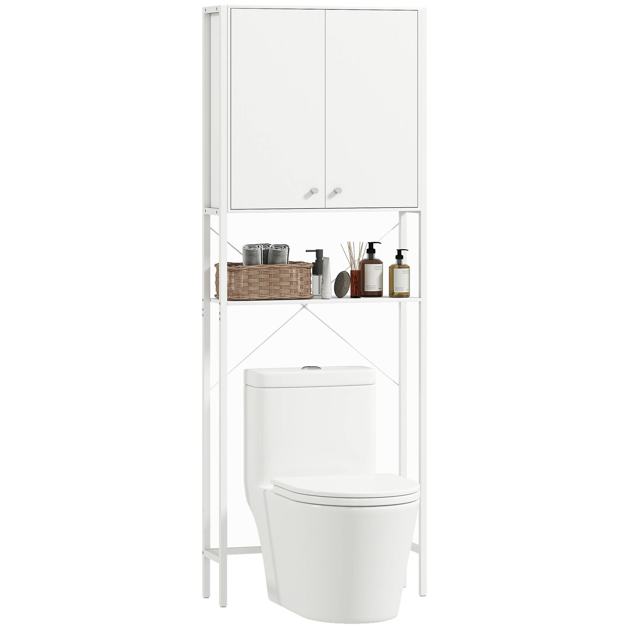 Sans Marque - Meuble salle bain dessus toilettes lave-linge placard étagère ouverte 64x20x180 cm blanc - Image 1