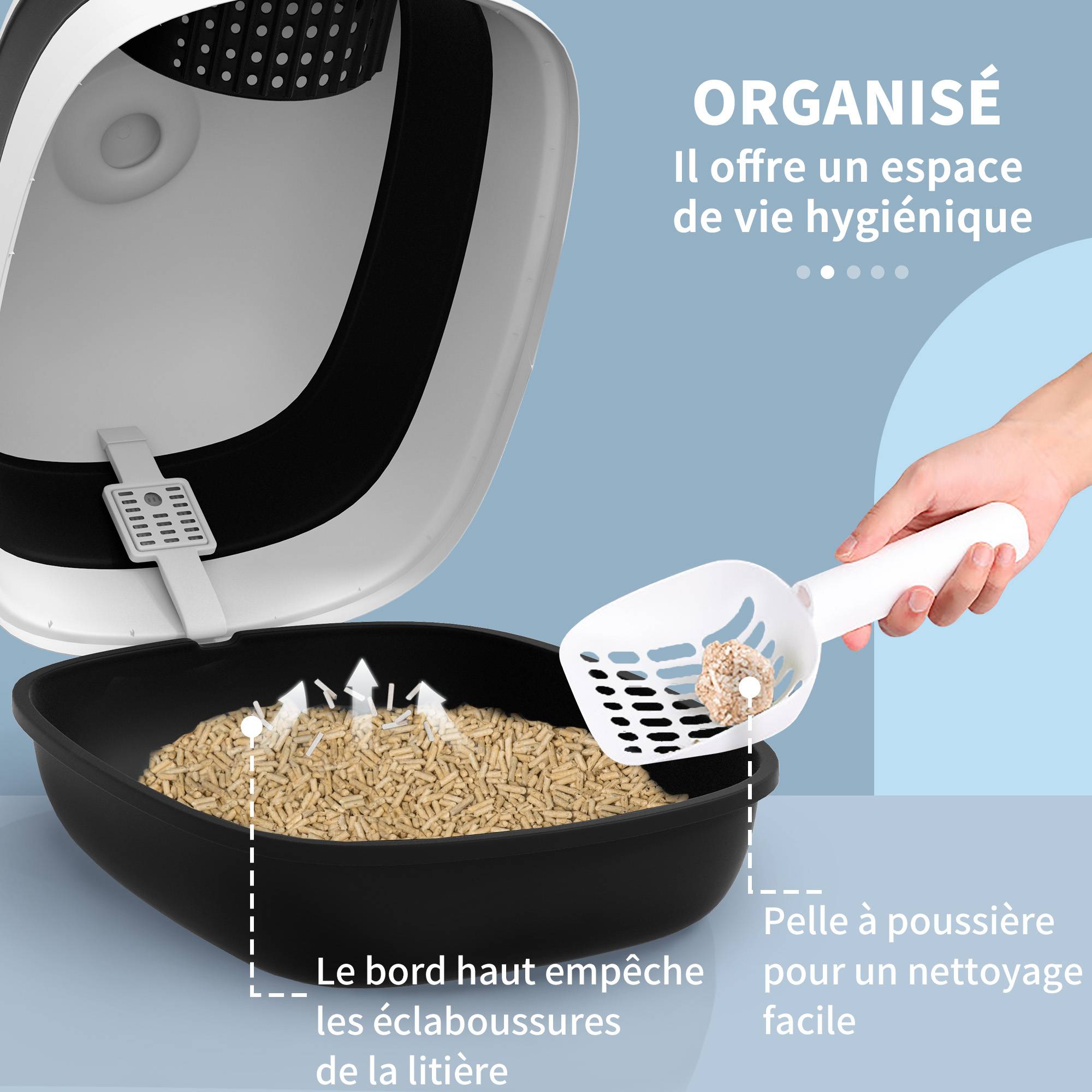 bac à litière pour chat pliable porte battante lucarne + pelle fournis noir blanc - Image 7