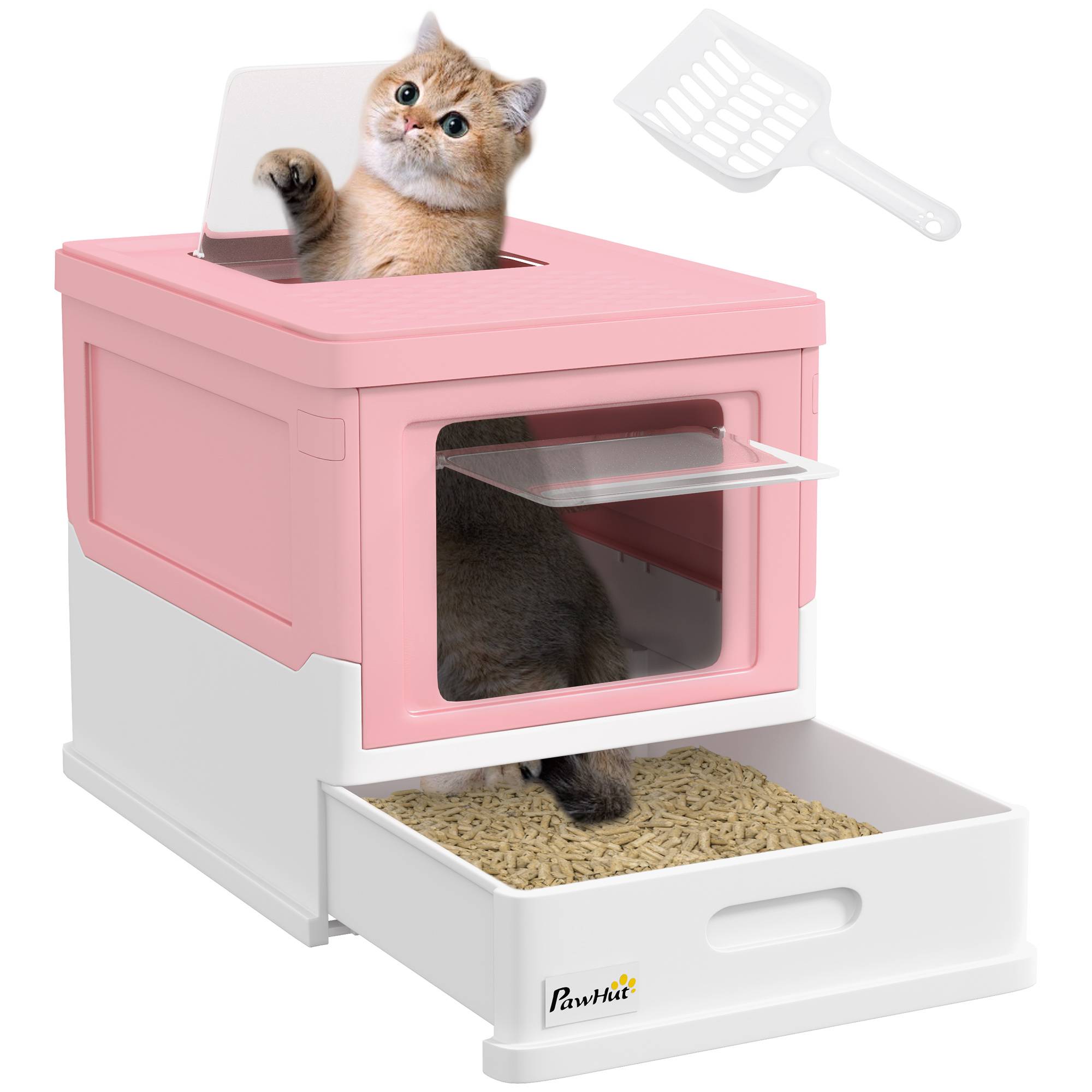 Bac à litière chat rose blanc couvert avec entrée frontale et pelle - Image 1