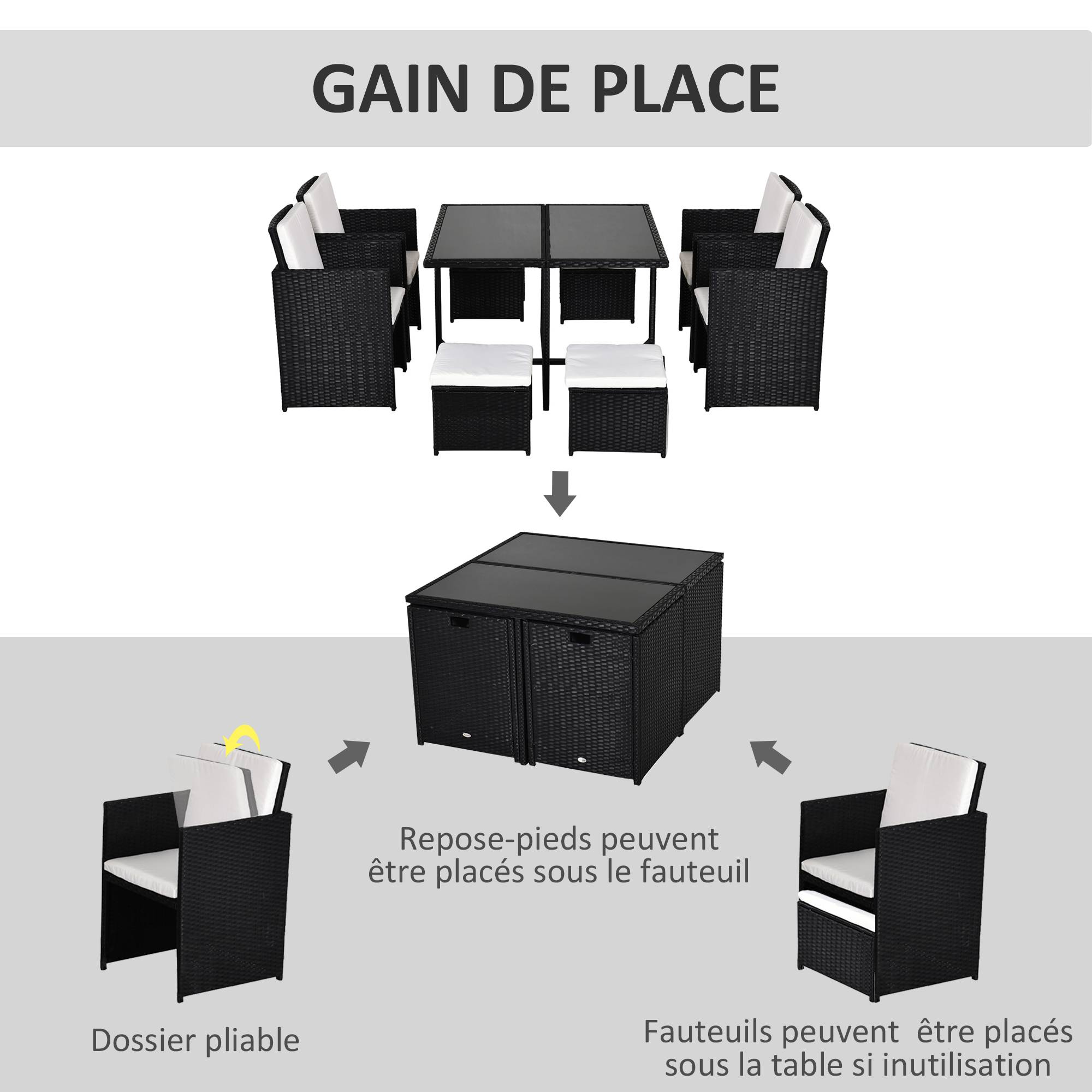 Outsunny - Ensemble salon de jardin encastrable 8 personnes 9 pièces résine tressée 4 fils imitation rotin noir coussins déhoussables crème - Outsunny - Image 6