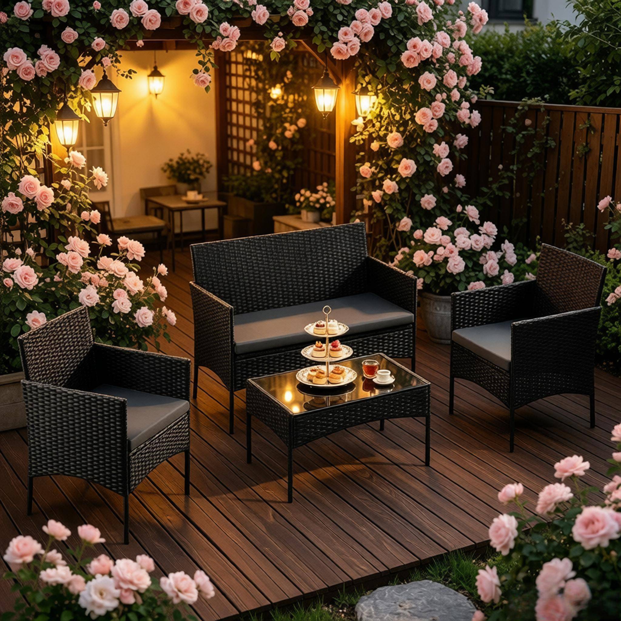 ComfortXL - Salon de jardin 4 places en résine tressée pour terrasse et balcon coussins noir - ComfortXL Outdoor Living - Image 3