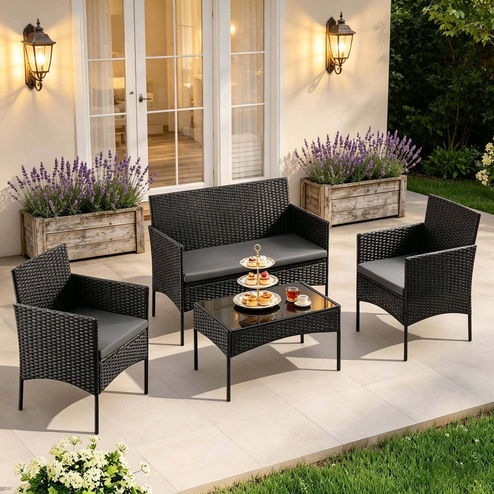 ComfortXL - Salon de jardin 4 places en résine tressée pour terrasse et balcon coussins noir - ComfortXL Outdoor Living - Image 2