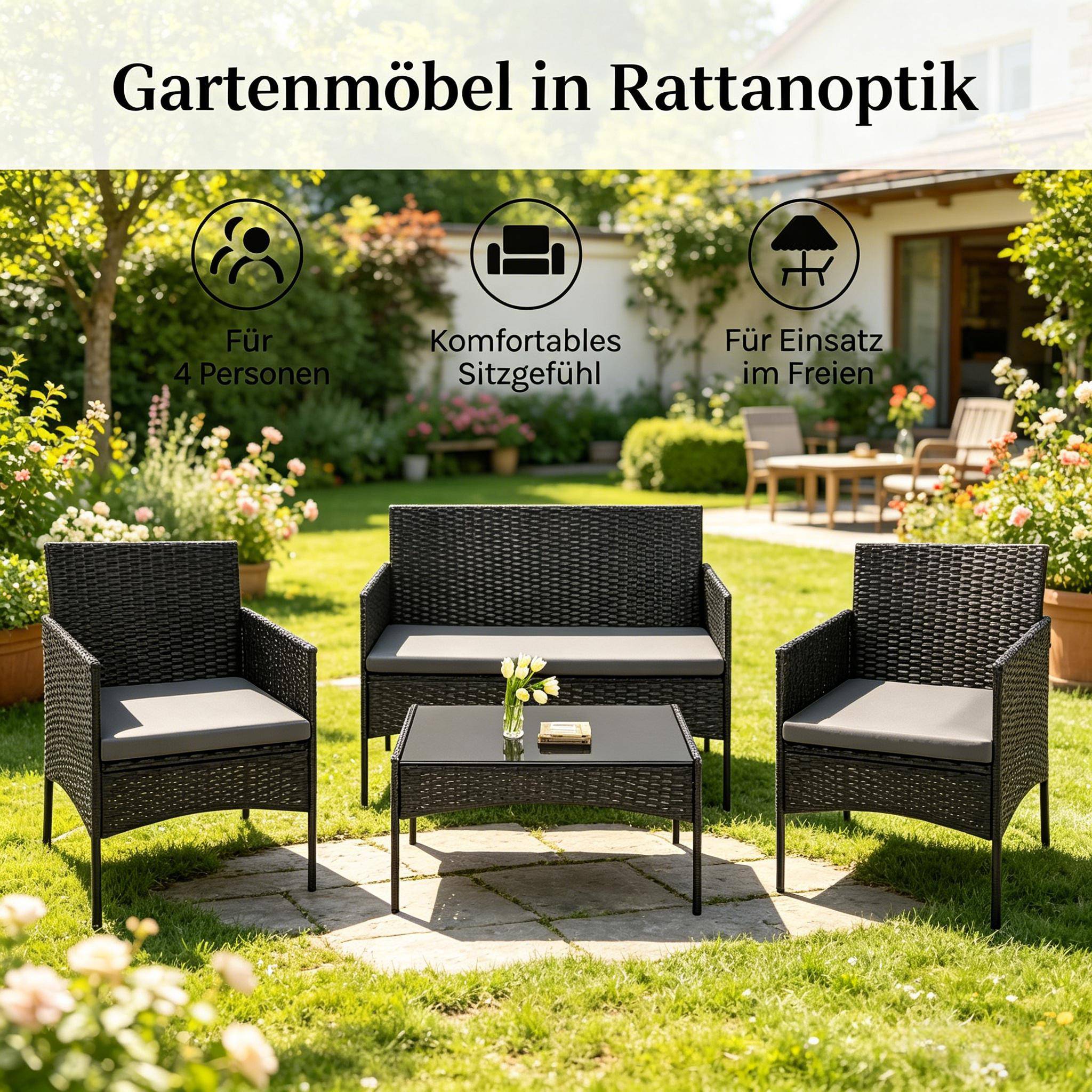 ComfortXL - Salon de jardin 4 places en résine tressée pour terrasse et balcon coussins noir - ComfortXL Outdoor Living - Image 7