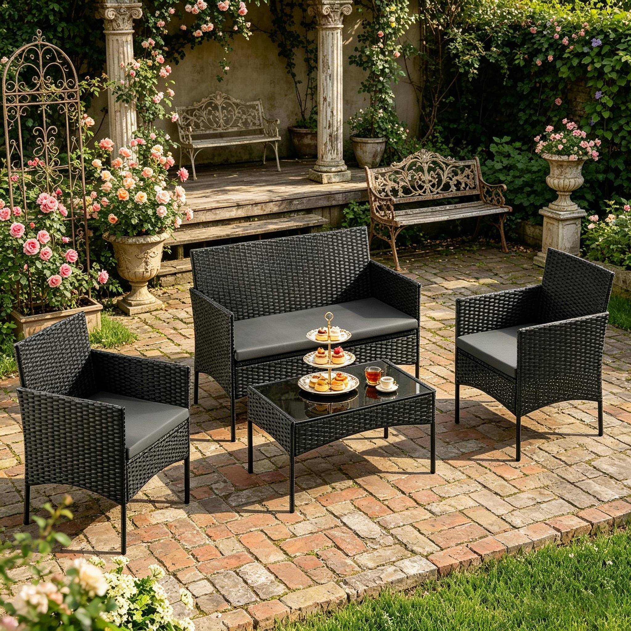 ComfortXL - Salon de jardin 4 places en résine tressée pour terrasse et balcon coussins noir - ComfortXL Outdoor Living - Image 4