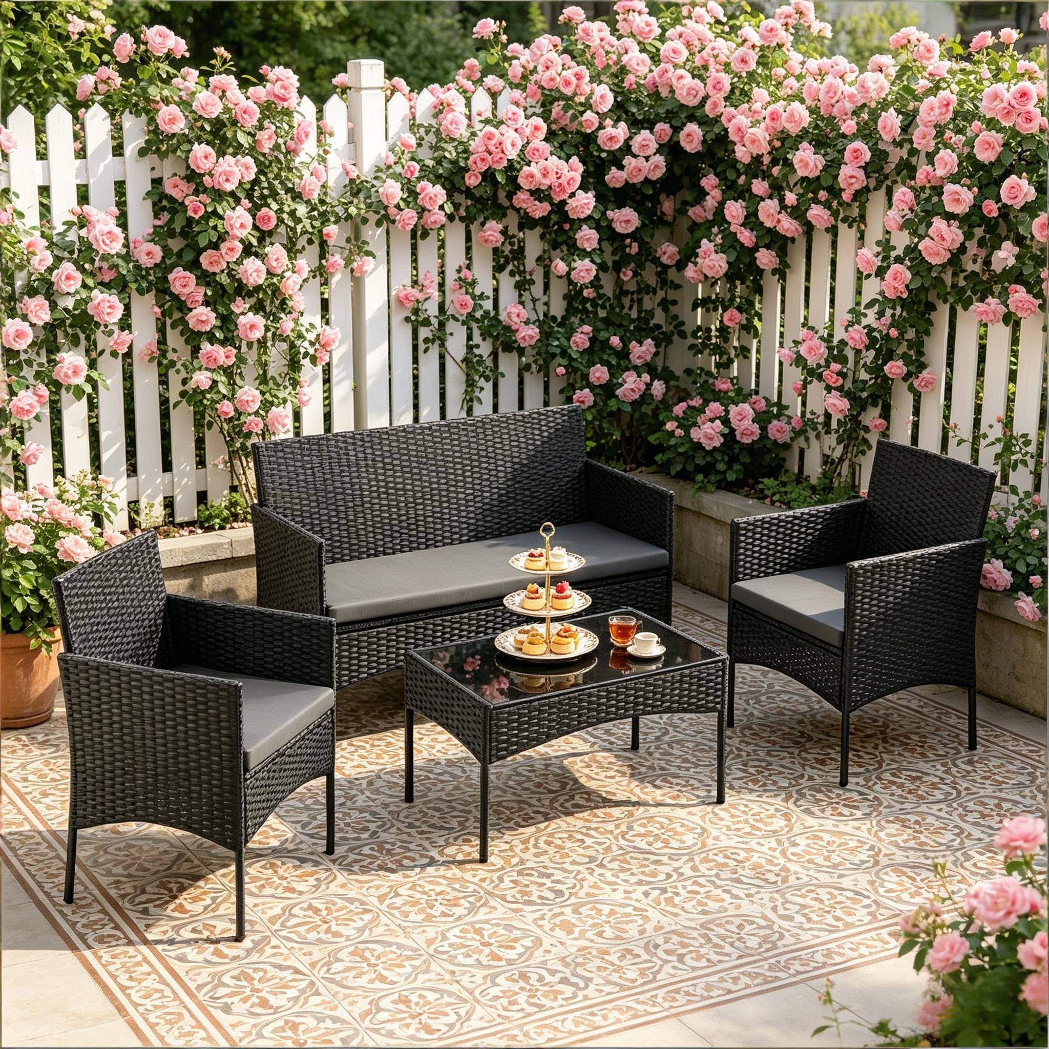 ComfortXL - Salon de jardin 4 places en résine tressée pour terrasse et balcon coussins noir - ComfortXL Outdoor Living - Image 1