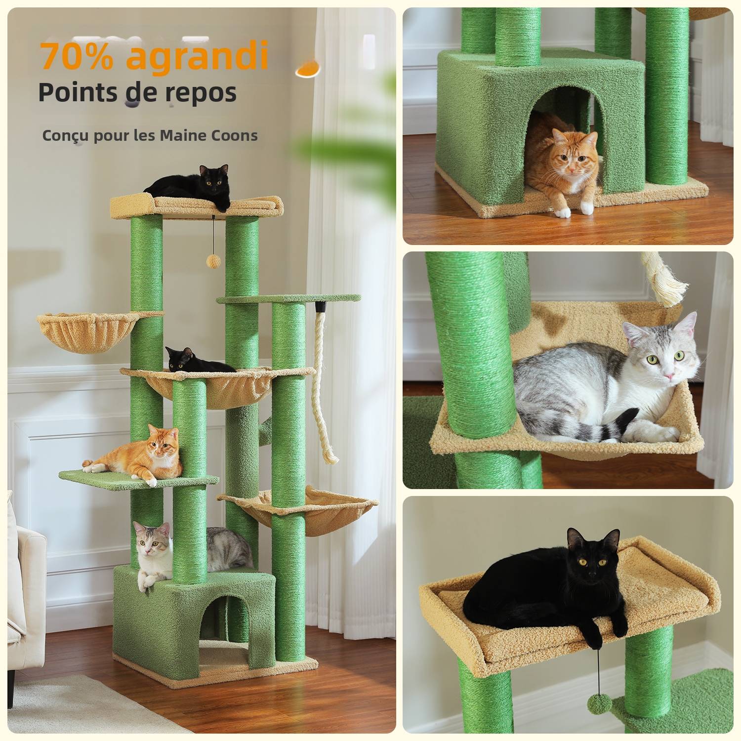 Pawzroad - Grand Arbre à Chat 170 cm avec Griffoirs XXL Cactus Vert PAWZ Road - Image 4