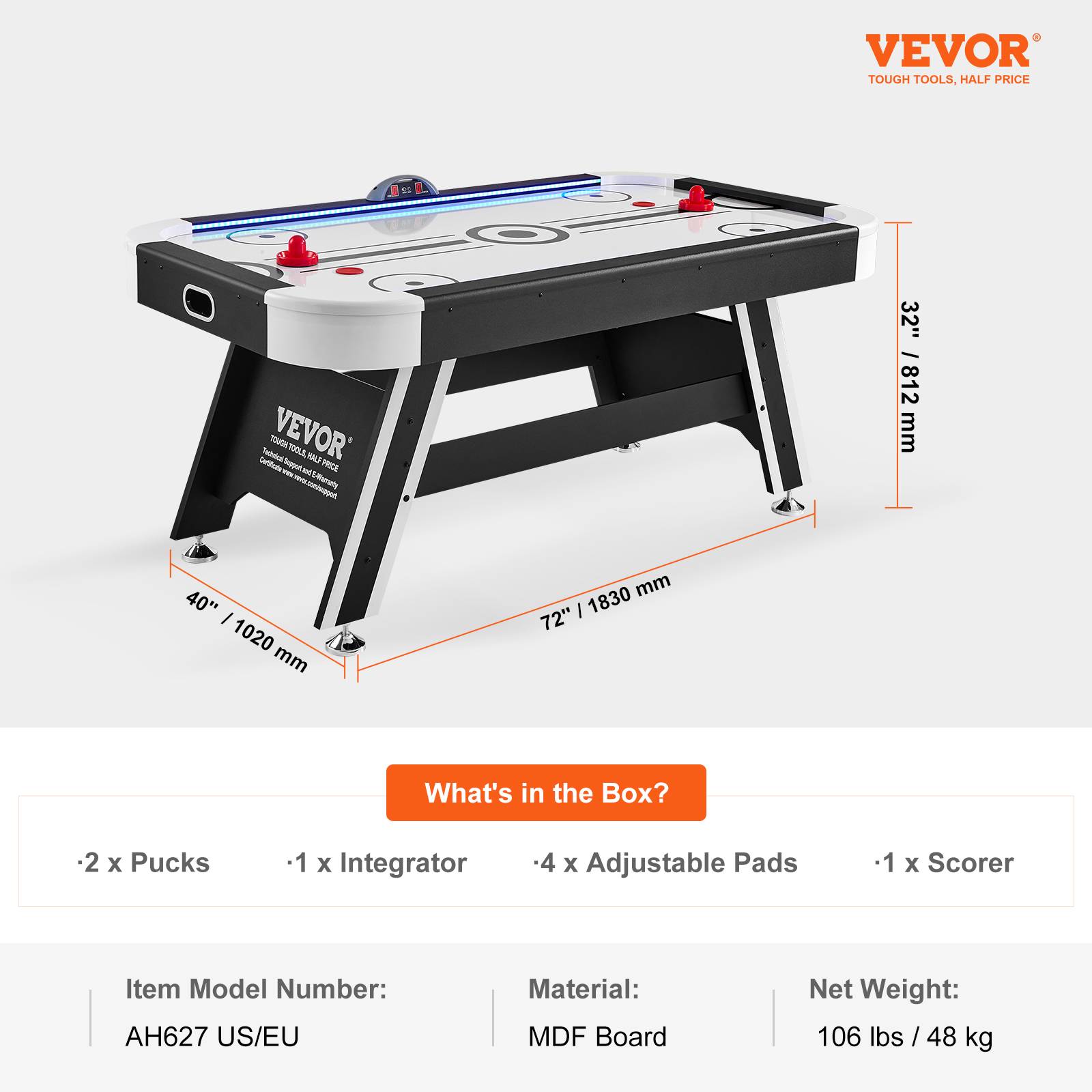 VEVOR Table air hockey 183 cm, score électronique LED. 2 palets, poussoirs. Intérieur. - Image 7