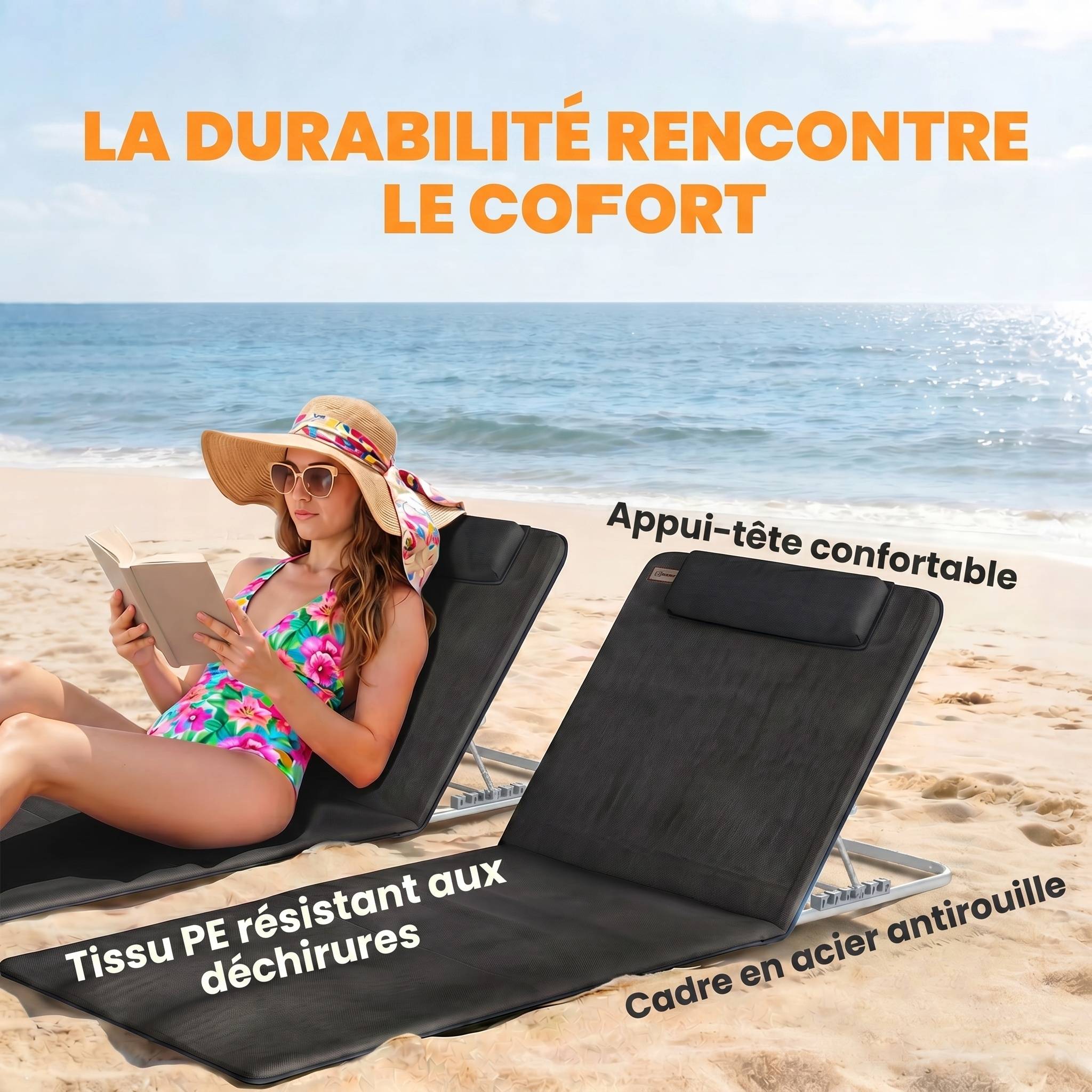 Lot 2 matelas de plage en acier avec dossier inclinable 134x48x45cm noir - ComfortXL Outdoor Living - Image 7