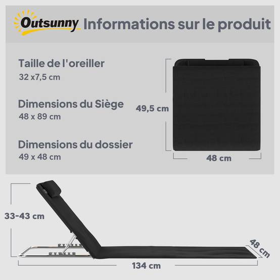 Lot 2 matelas de plage en acier avec dossier inclinable 134x48x45cm noir - ComfortXL Outdoor Living - Image 4
