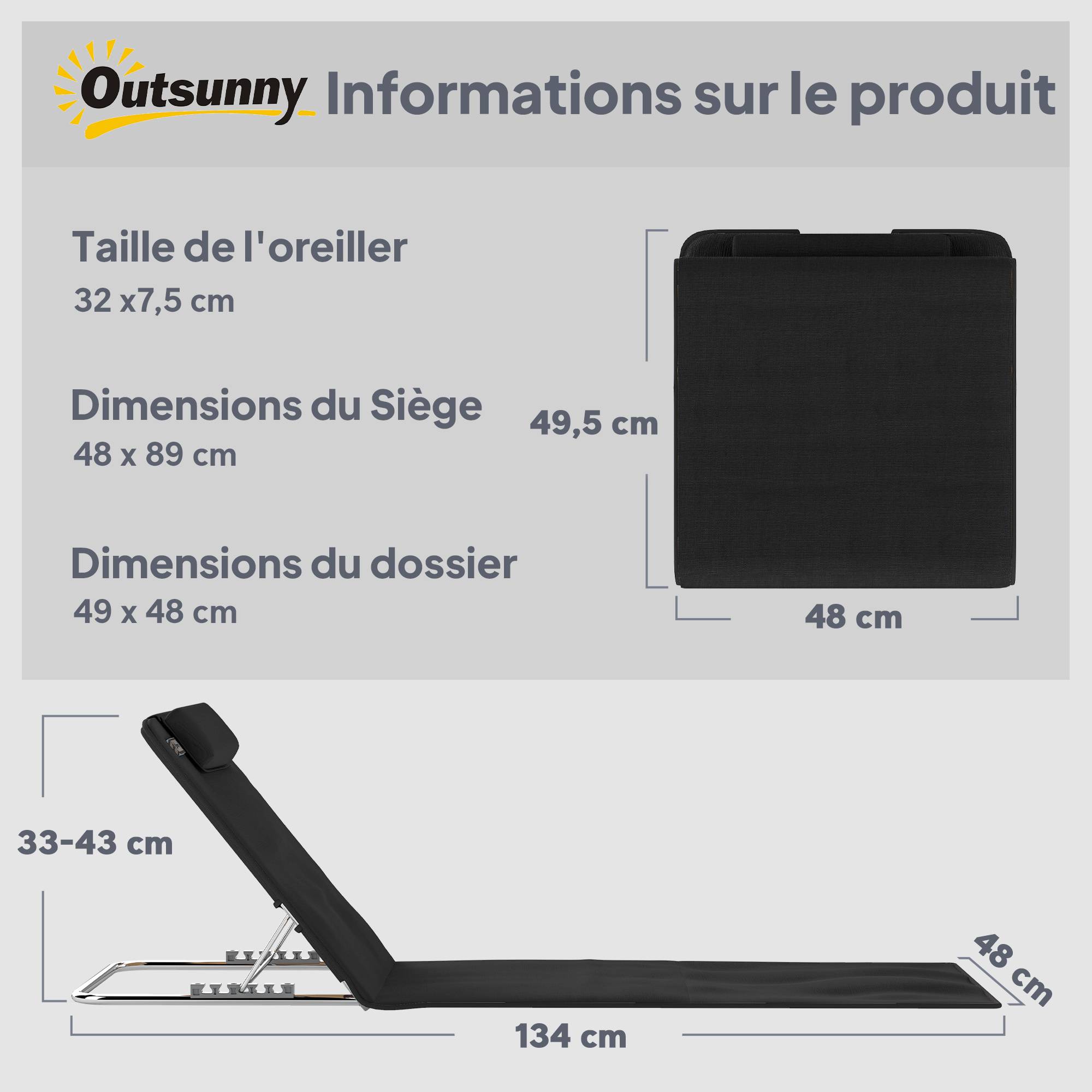 Lot 2 matelas de plage en acier avec dossier inclinable 134x48x45cm noir - ComfortXL Outdoor Living - Image 4