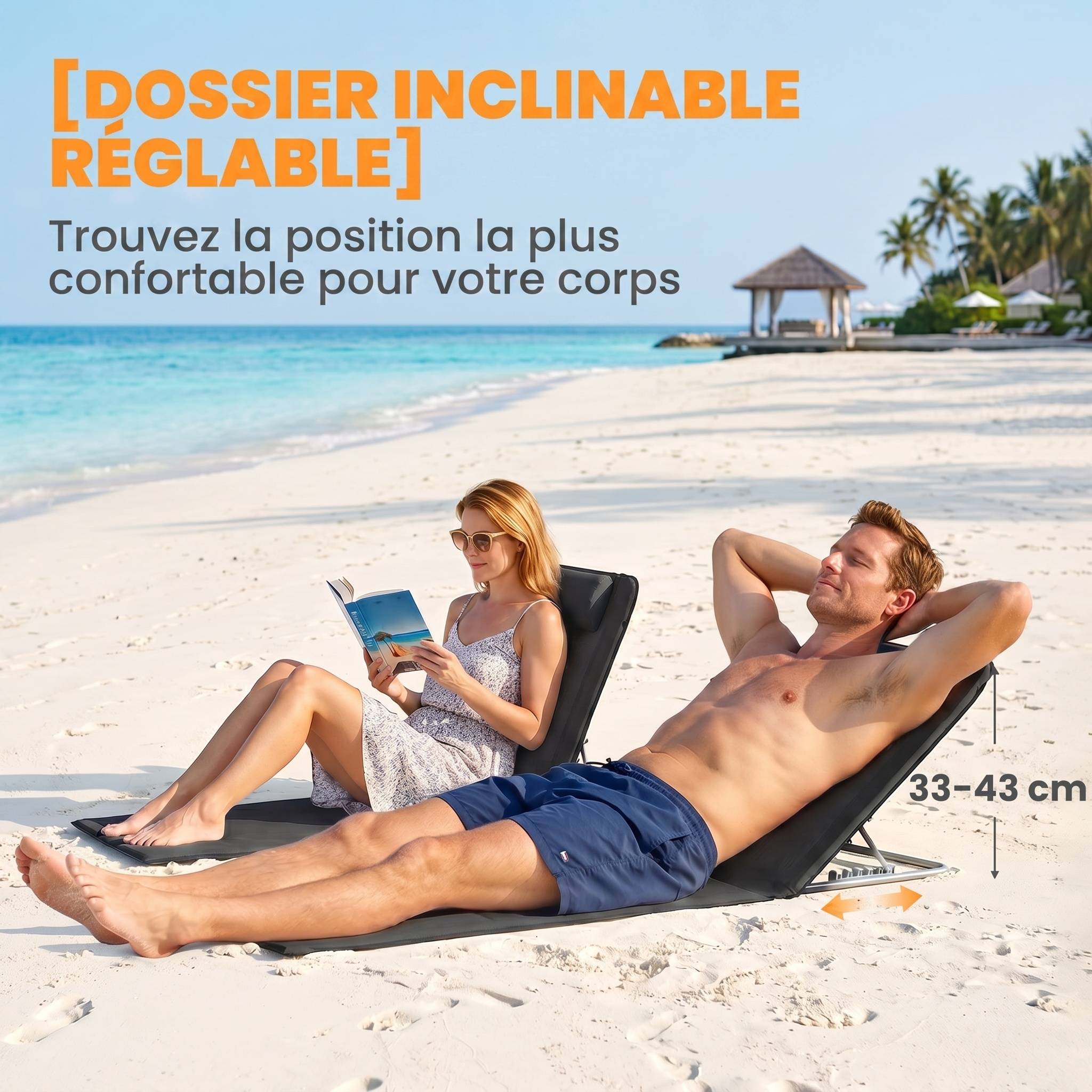 Lot 2 matelas de plage en acier avec dossier inclinable 134x48x45cm noir - ComfortXL Outdoor Living - Image 6
