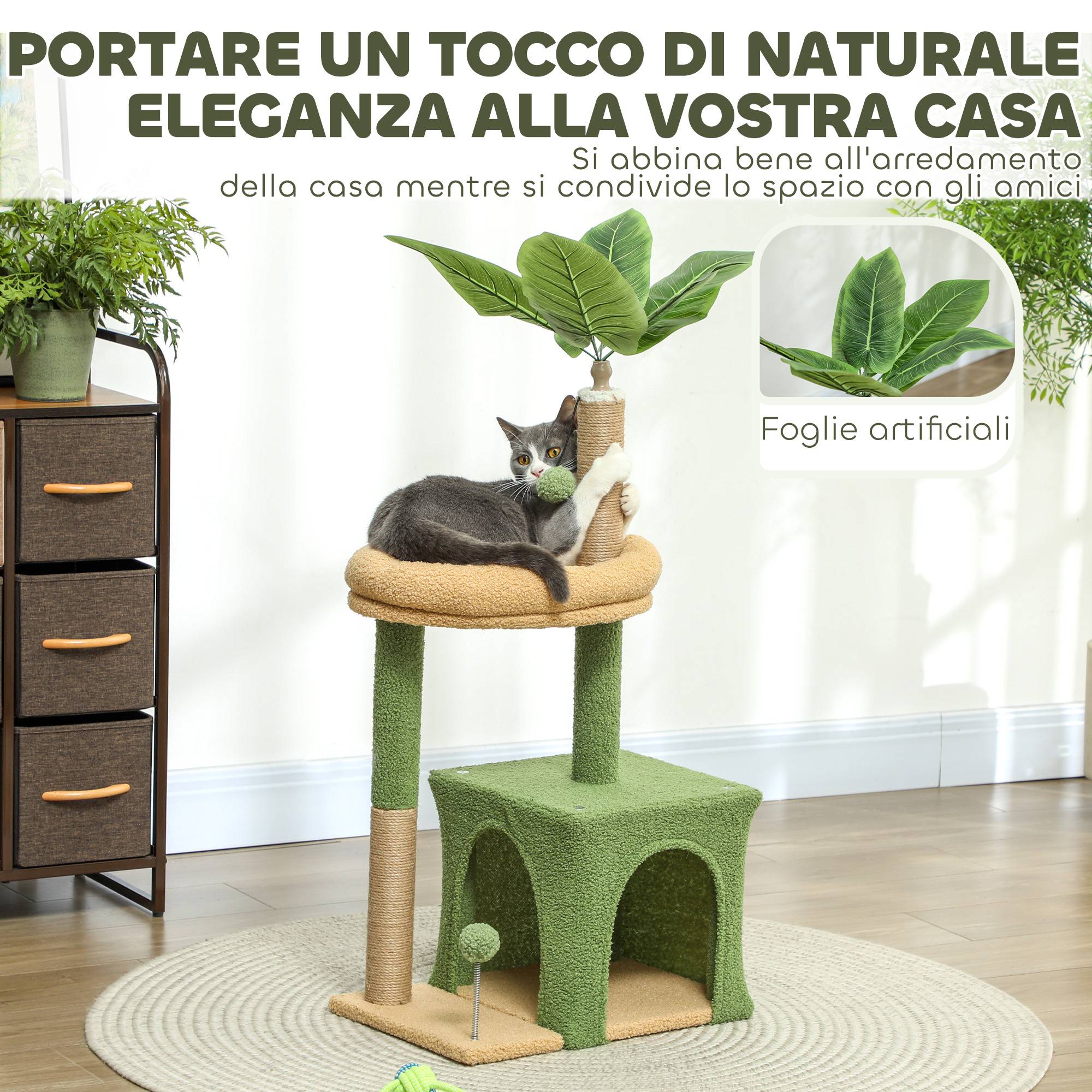 Arbre à chat design palmier bois velours pour chats griffoir jute et jeux 98cm vert - ComfortXL Outdoor Living - Image 6
