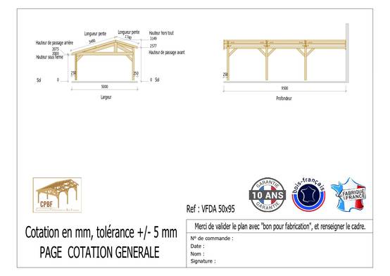 Carport Bois Douglas Français 47 m² – 2 pentes faitage décalé adossé – 6 poteaux – Abri voiture extérieur – Garantie 10 ans - Image 3