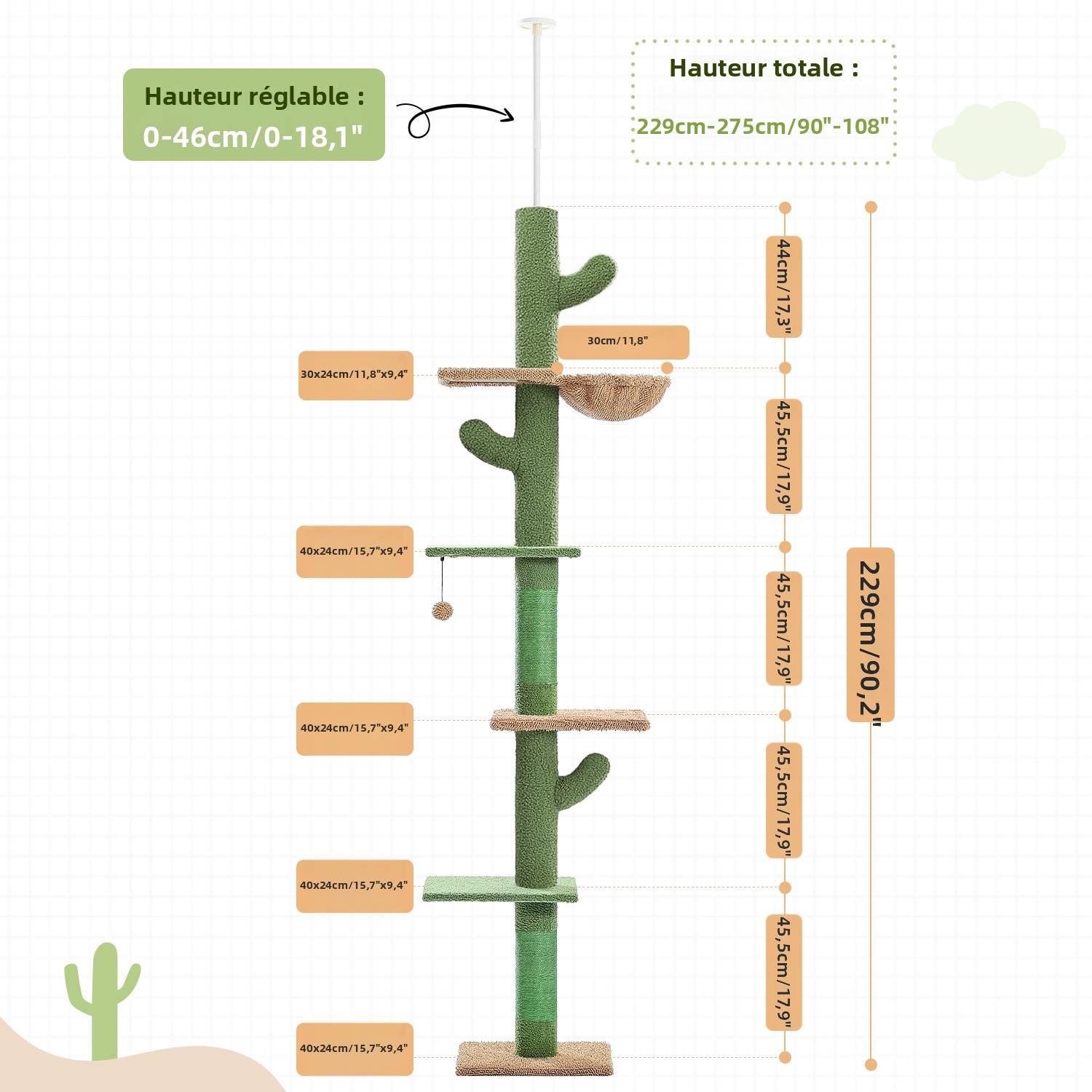 Arbre à Chat du Sol au Plafond avec 5 Niveaux Cactus PAWZ Road - Image 2