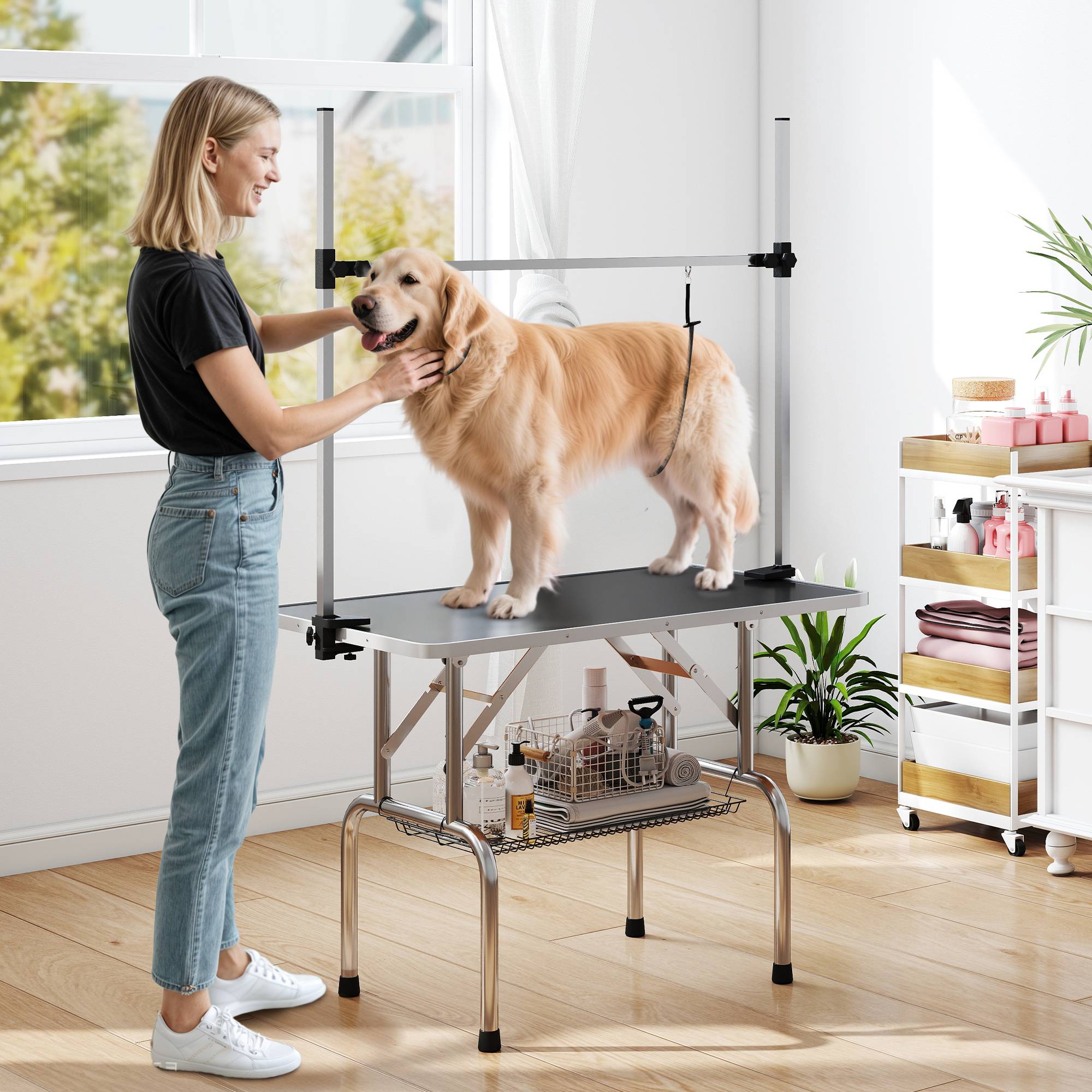 Sans Marque - Table de toilettage réglable pliable, panier sous-table, pour chiens/chats jusqu'à 100 kg, Noir - Image 3