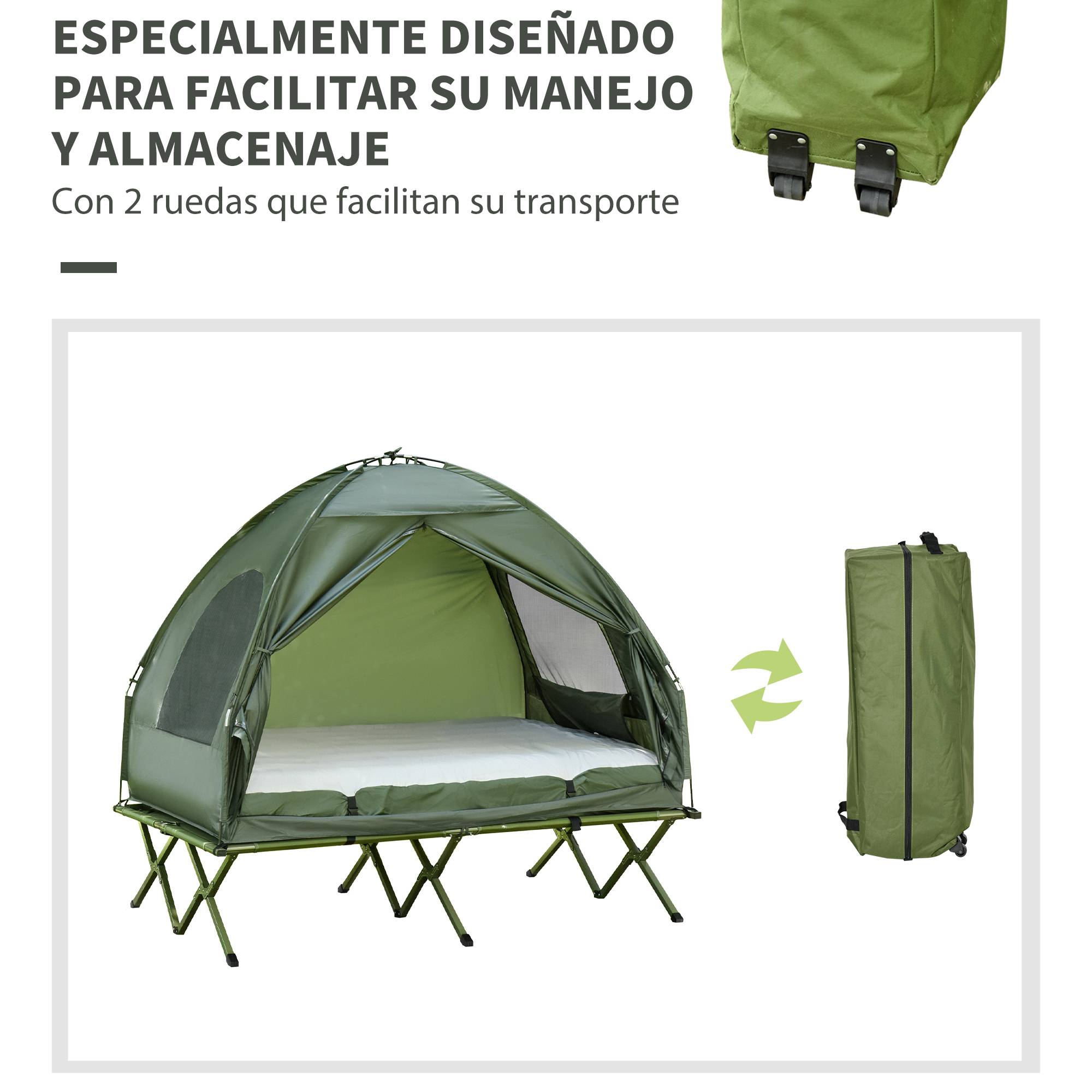 Lit de Camp Double 4-en-1 avec Tente, Matelas Gonflable et Sac, Structure Acier et Toile Oxford, 193 x 145 x 180 cm, Vert - Image 6