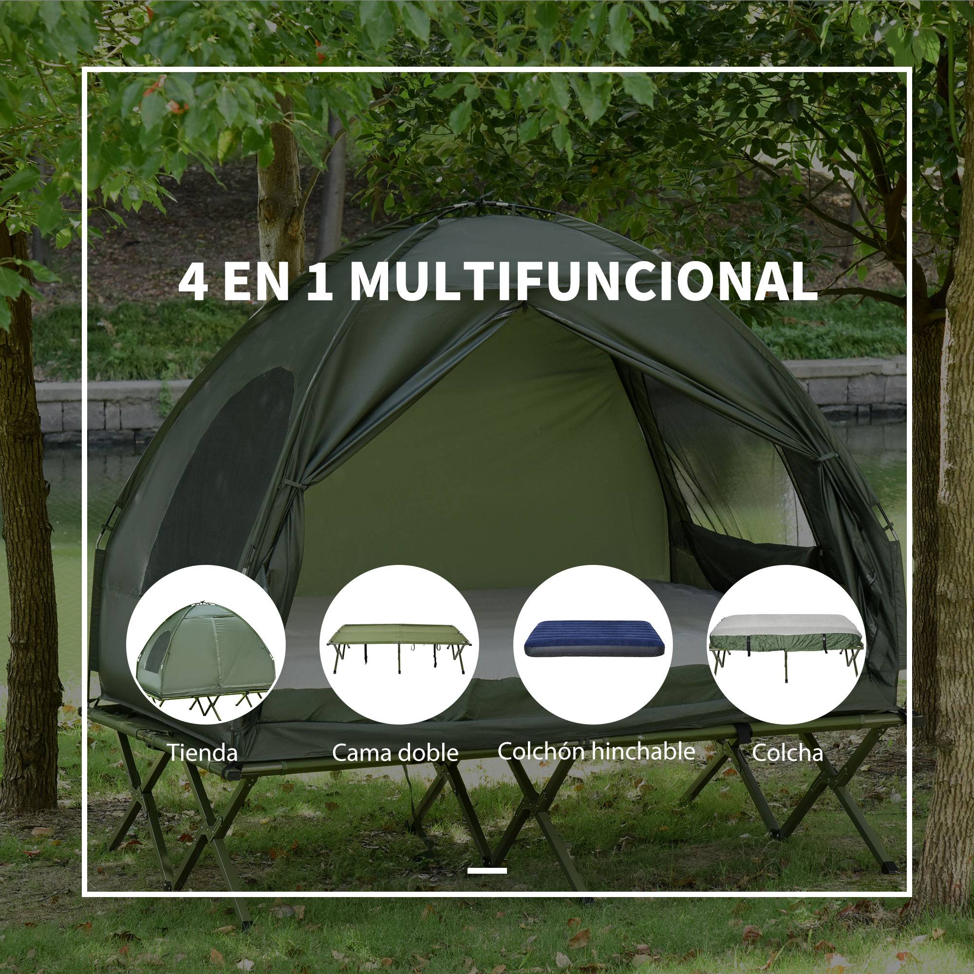 Lit de Camp Double 4-en-1 avec Tente, Matelas Gonflable et Sac, Structure Acier et Toile Oxford, 193 x 145 x 180 cm, Vert - Image 5