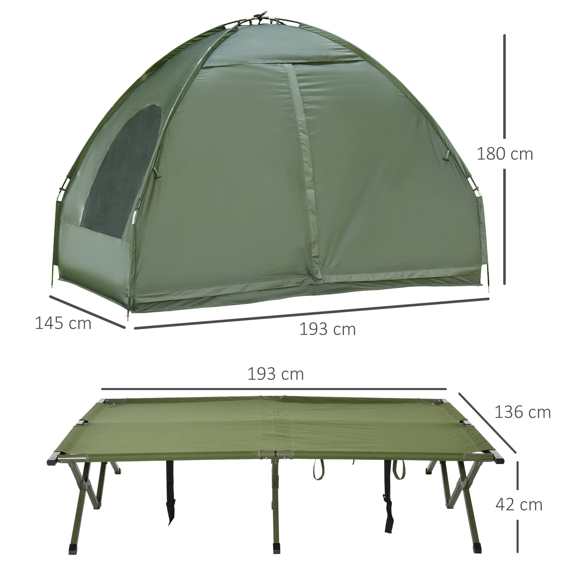 Lit de Camp Double 4-en-1 avec Tente, Matelas Gonflable et Sac, Structure Acier et Toile Oxford, 193 x 145 x 180 cm, Vert - Image 4