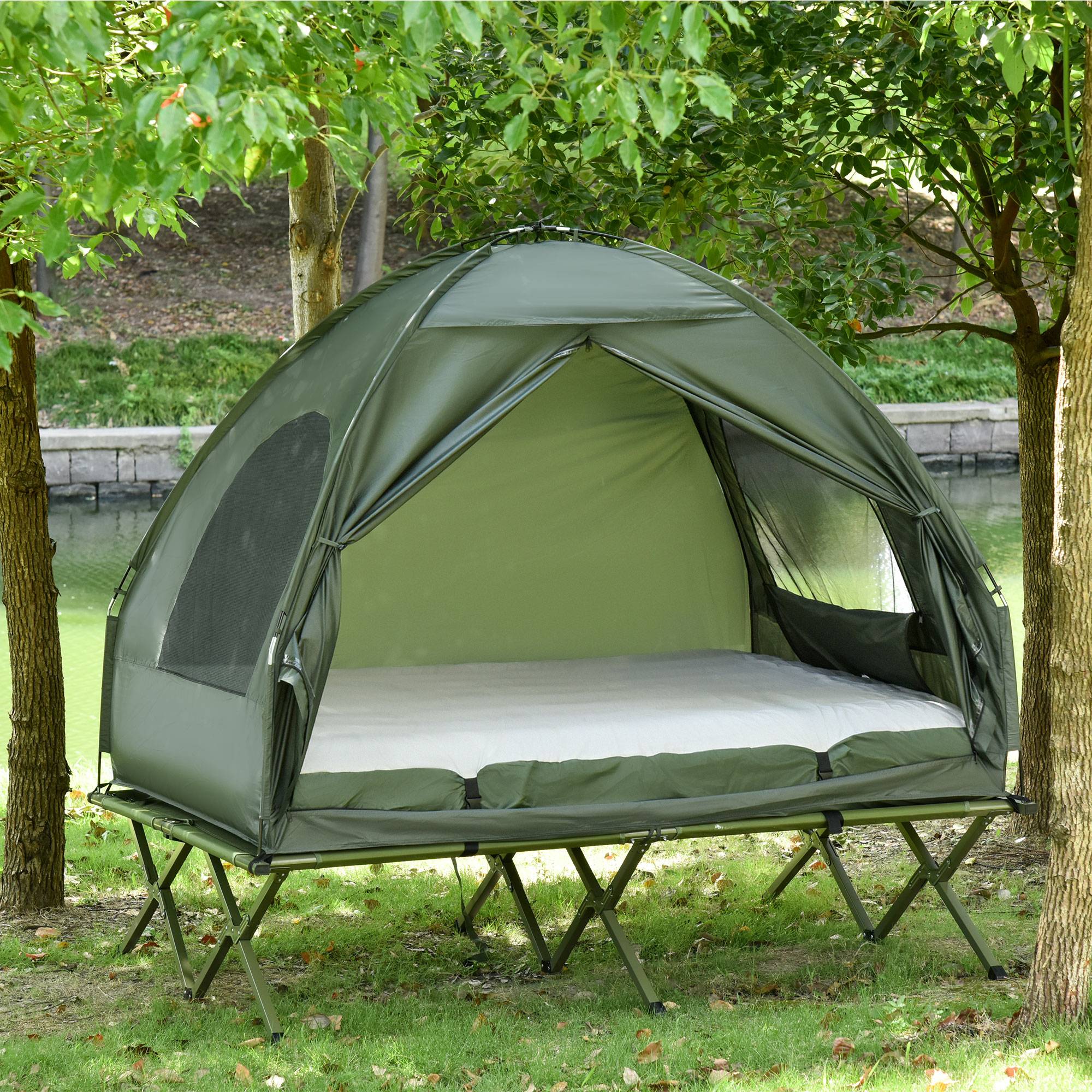 Lit de Camp Double 4-en-1 avec Tente, Matelas Gonflable et Sac, Structure Acier et Toile Oxford, 193 x 145 x 180 cm, Vert - Image 3