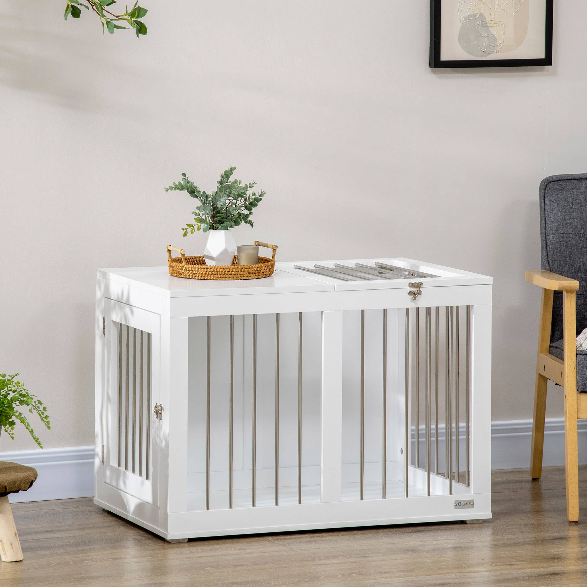 Sans Marque - Cage 2 portes, verrouillable, grille acier, 80x50x56,5 cm, Blanc + Argent - Image 4