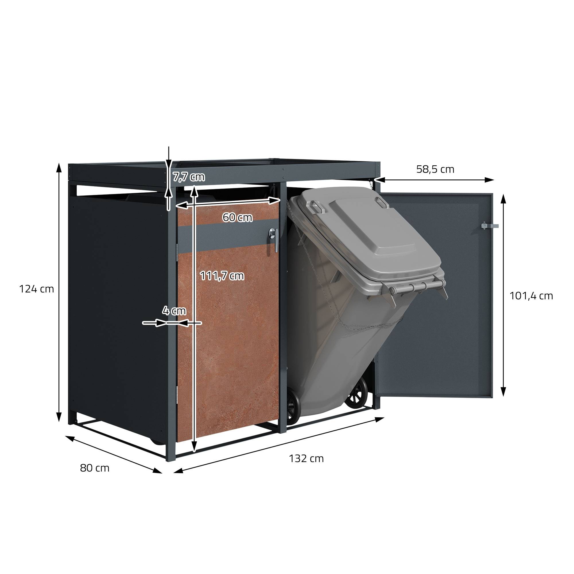 Abri pour 3 poubelles 200x80x124 cm capacité de 60L à 240L anthracite/aspect rouillé acier couvercle rabattable/3 portes résistant aux intempéries - Image 9