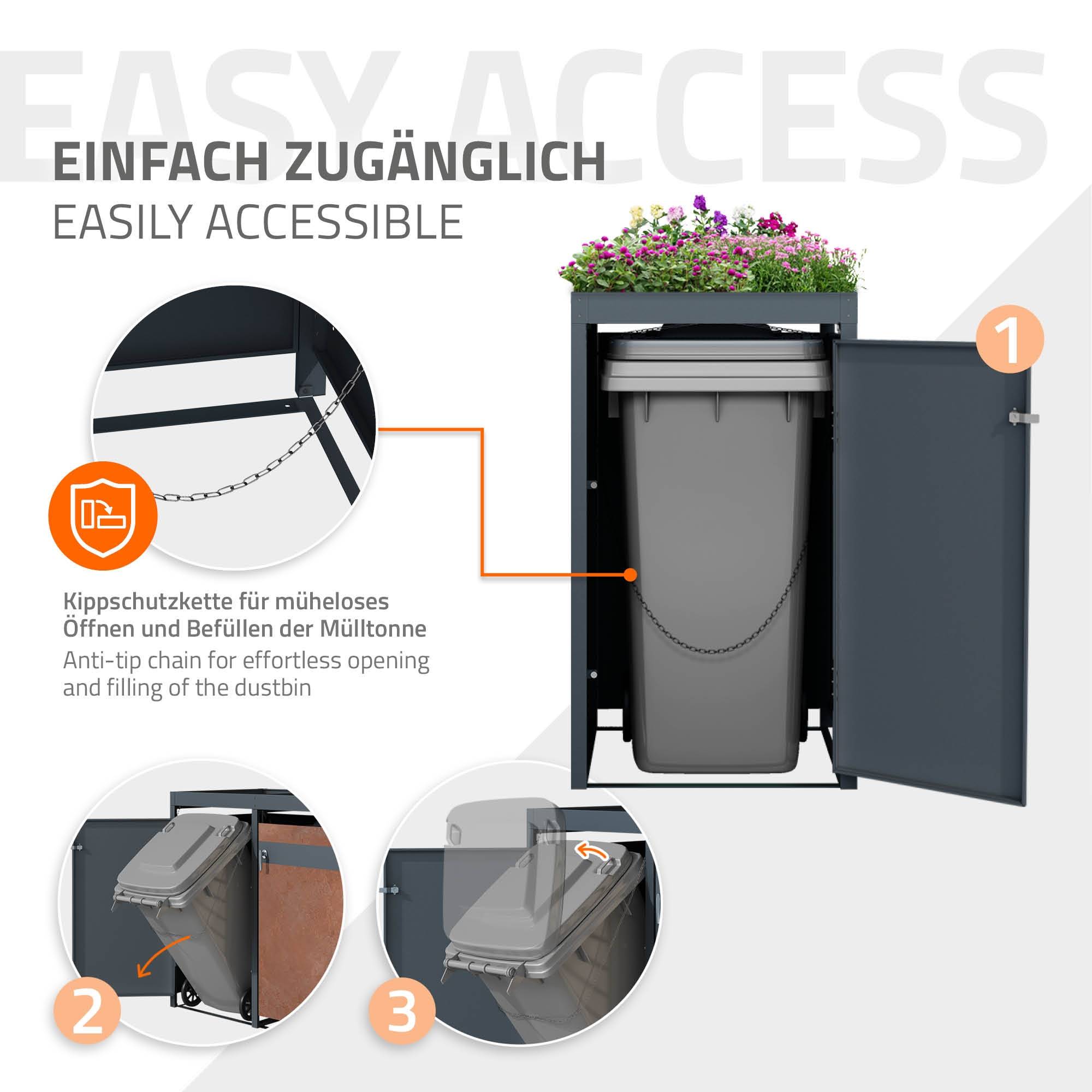 Abri pour 3 poubelles 200x80x124 cm capacité de 60L à 240L anthracite/aspect rouillé acier couvercle rabattable/3 portes résistant aux intempéries - Image 4