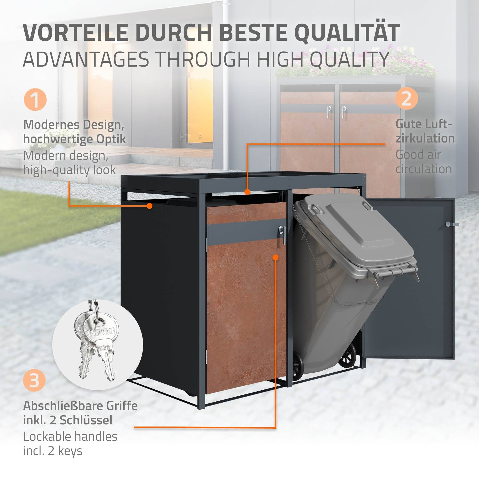 Abri pour 3 poubelles 200x80x124 cm capacité de 60L à 240L anthracite/aspect rouillé acier couvercle rabattable/3 portes résistant aux intempéries - Image 3