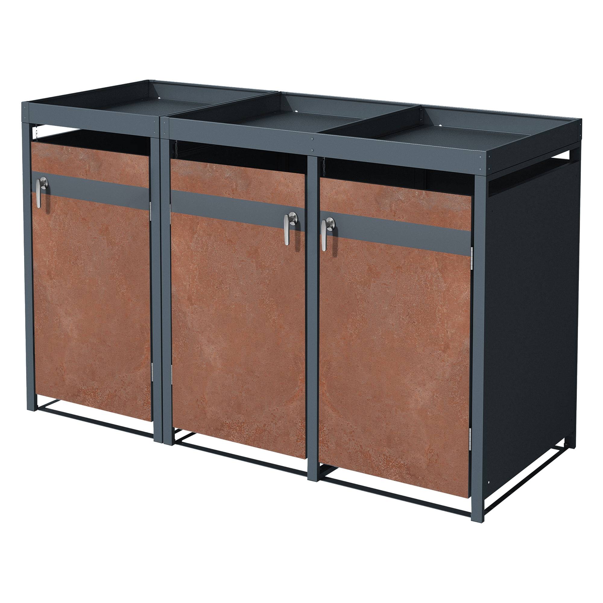 Abri pour 3 poubelles 200x80x124 cm capacité de 60L à 240L anthracite/aspect rouillé acier couvercle rabattable/3 portes résistant aux intempéries - Image 1