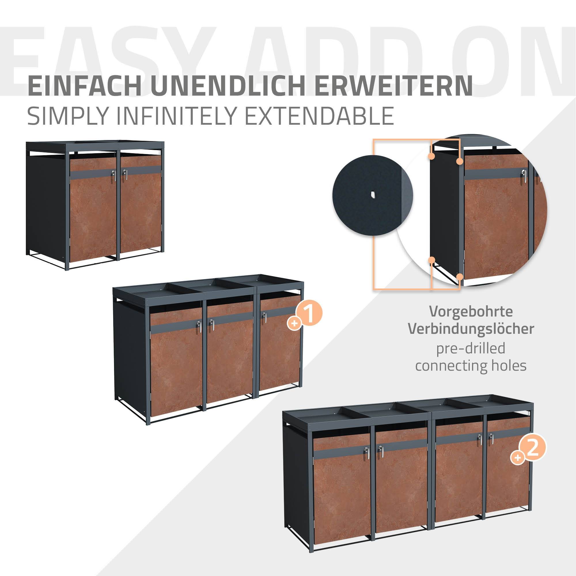 Abri pour 3 poubelles 200x80x124 cm capacité de 60L à 240L anthracite/aspect rouillé acier couvercle rabattable/3 portes résistant aux intempéries - Image 7
