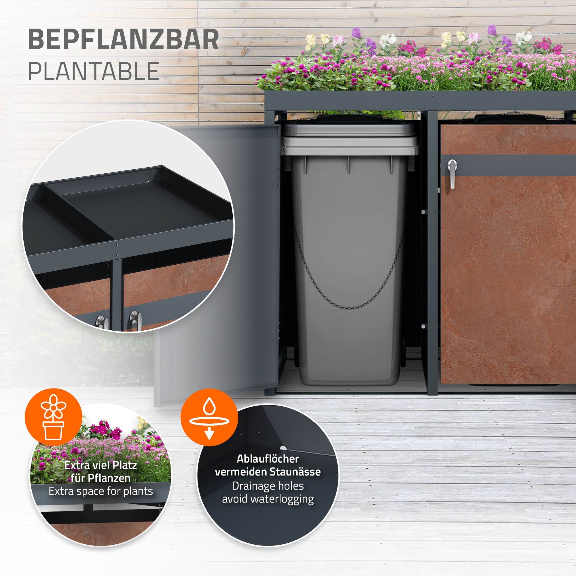 Abri pour 3 poubelles 200x80x124 cm capacité de 60L à 240L anthracite/aspect rouillé acier couvercle rabattable/3 portes résistant aux intempéries - Image 5