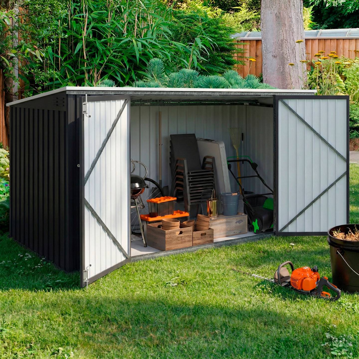 IDMARKET - Abri de jardin XXL en métal gris anthracite verrouillable multi-rangement pour stockage vélos, outils, poubelles - Image 1