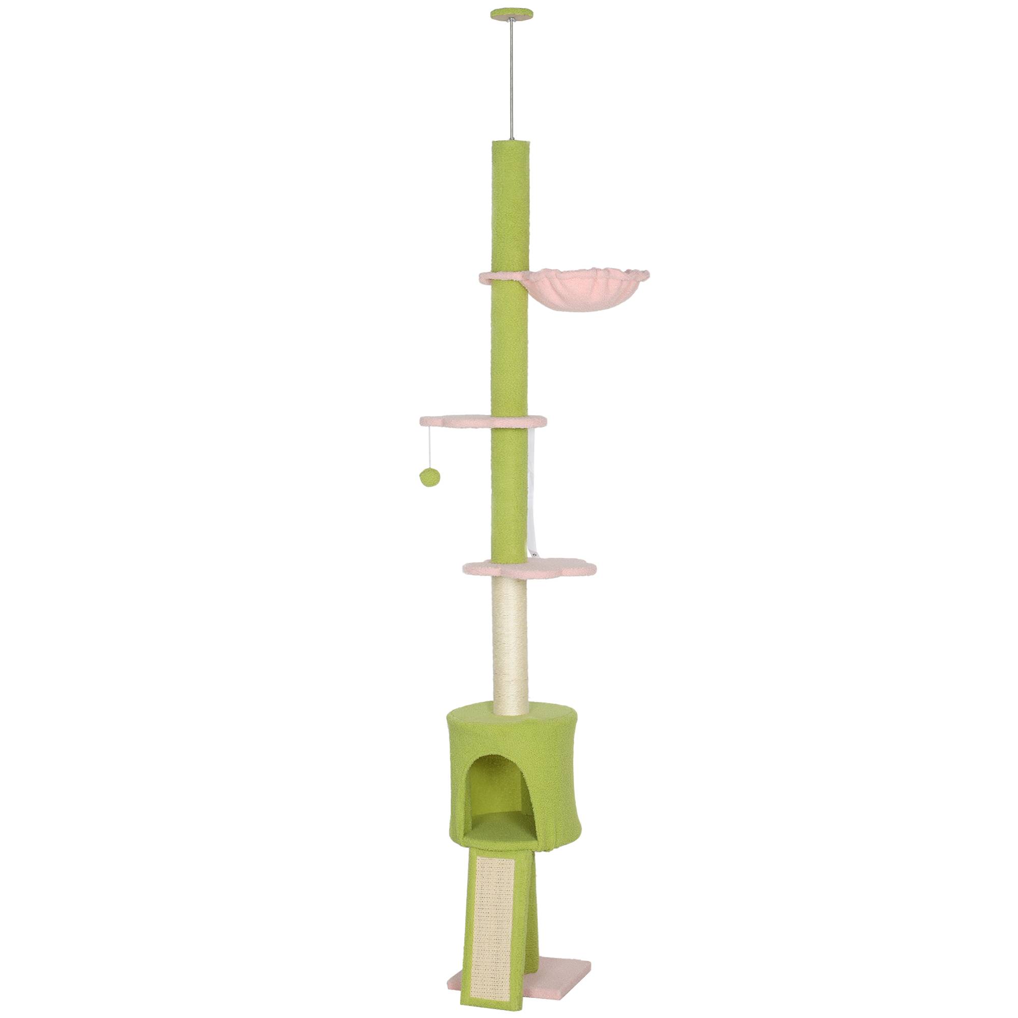Arbre à chat du sol au plafond 5 niveaux hauteur réglable 220-240 cm plateformes fleur avec griffoir niche hamac vert - Image 2