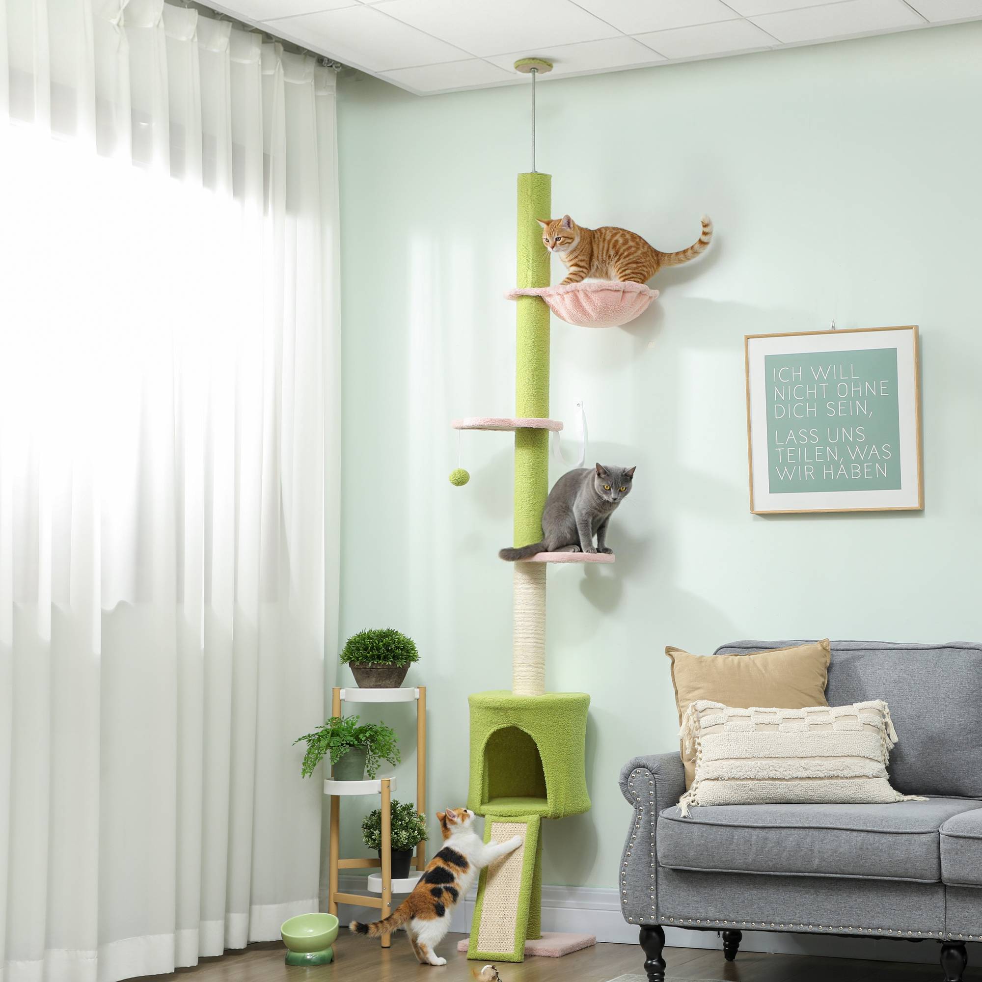 Arbre à chat du sol au plafond 5 niveaux hauteur réglable 220-240 cm plateformes fleur avec griffoir niche hamac vert - Image 3