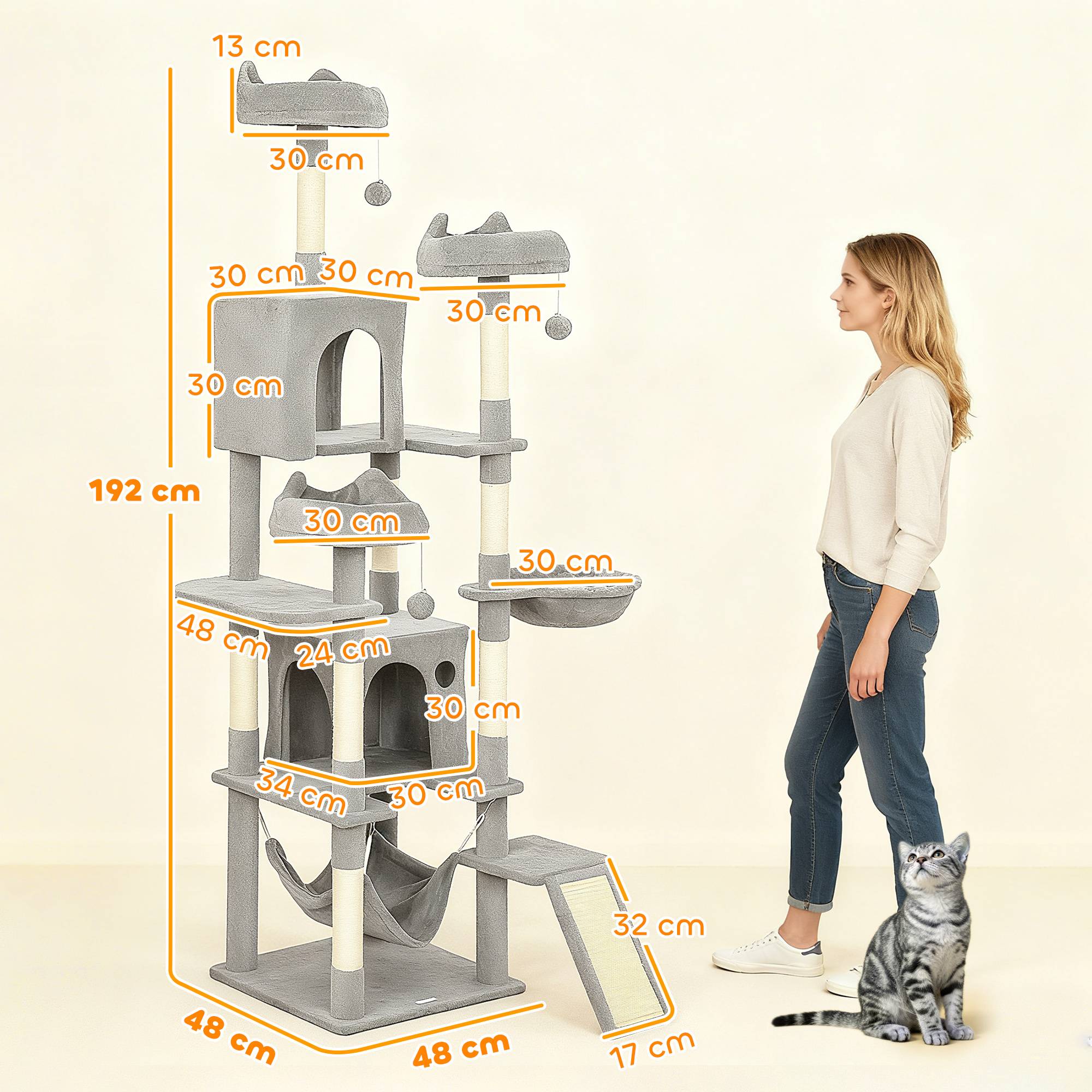 arbre à chat 2 hamacs 3 perchoirs 2 niches 3 plateformes chat intérieur 48x48x192 cm gris crème grand griffoir - Image 5